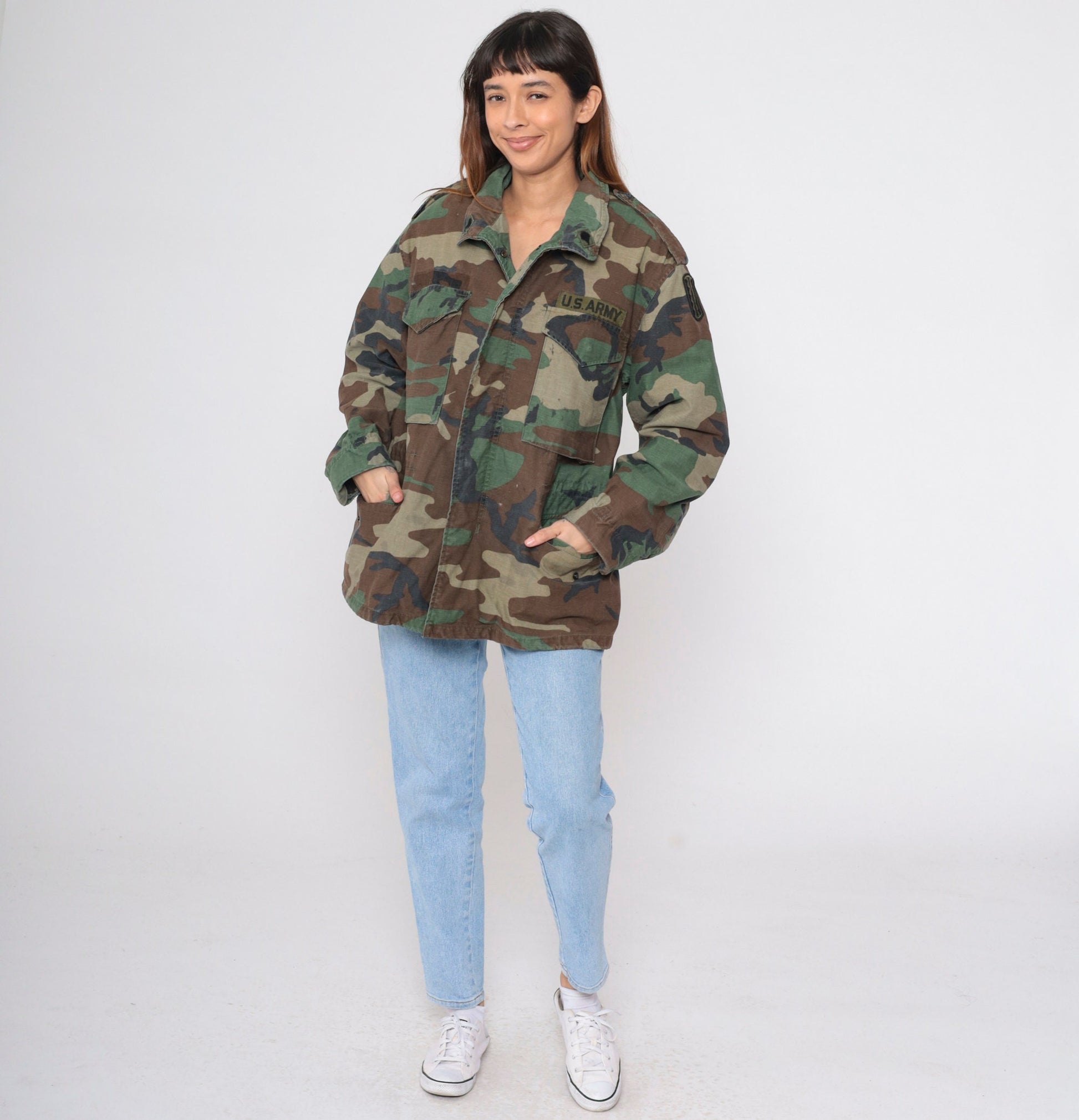 90s US Army Camouflage Field Jacket Distressed Utility Medium Short