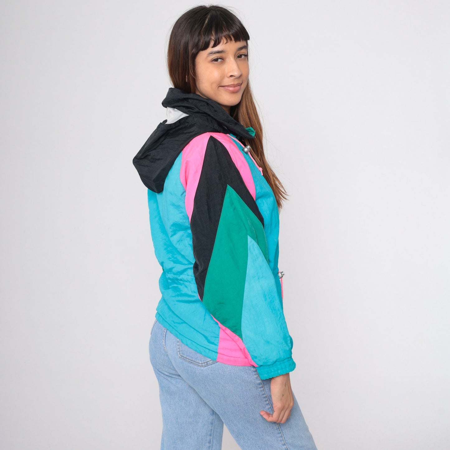 90s Demetre Ski Jacket Turquoise Hot Pink Color Block Puffer Small