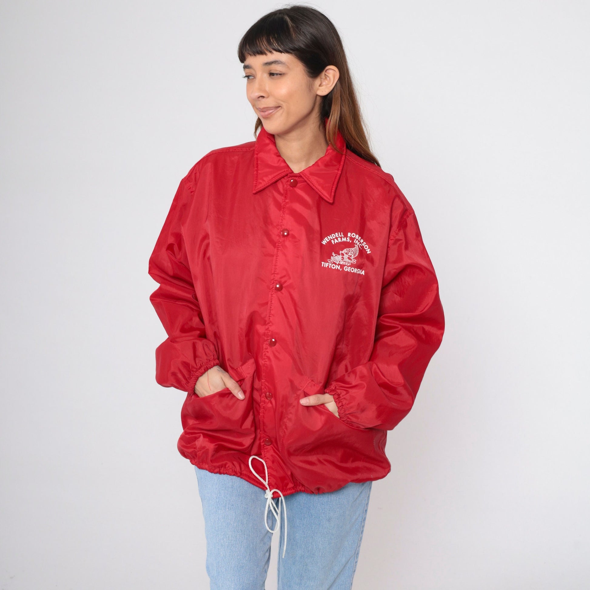 80s Wendell Roberson Farms Tifton Georgia Snap Windbreaker Jacket Red Large L