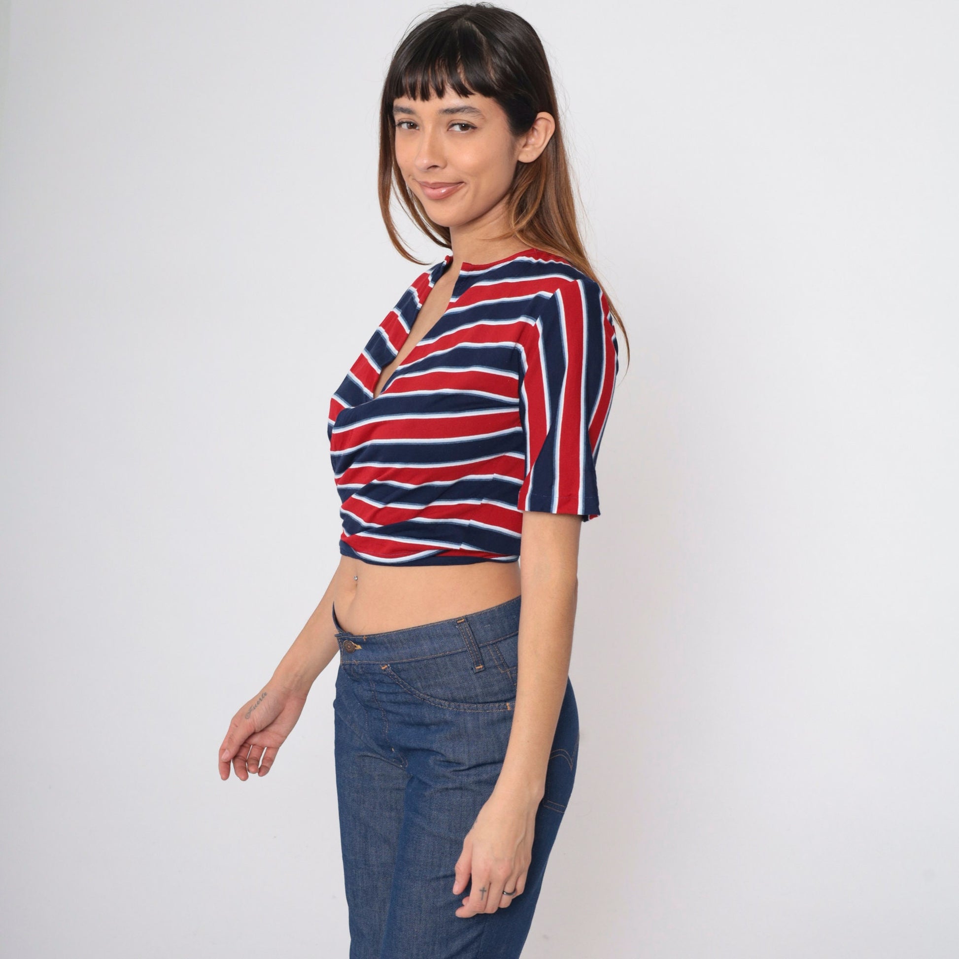 70s Red White Blue Striped Wrap Crop Top Short Sleeve V-Neck Medium Large