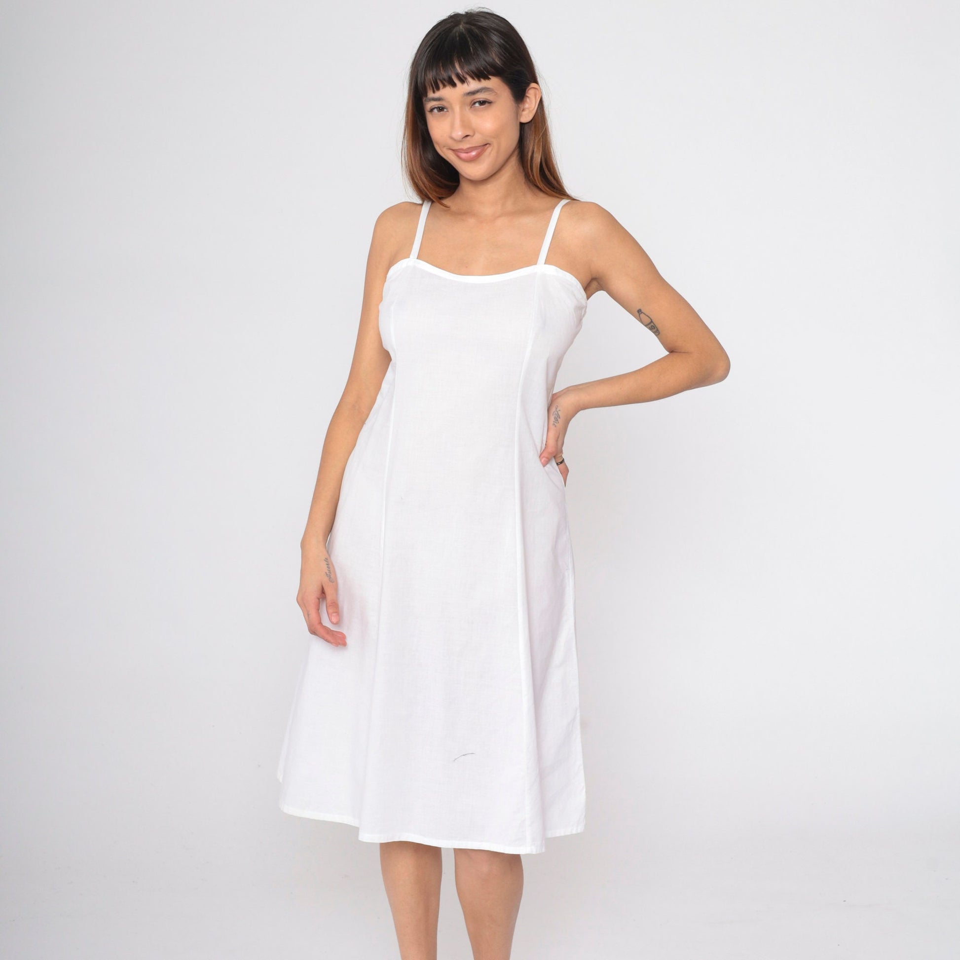 80s White Spaghetti Strap Midi Sundress Princess Seam Small
