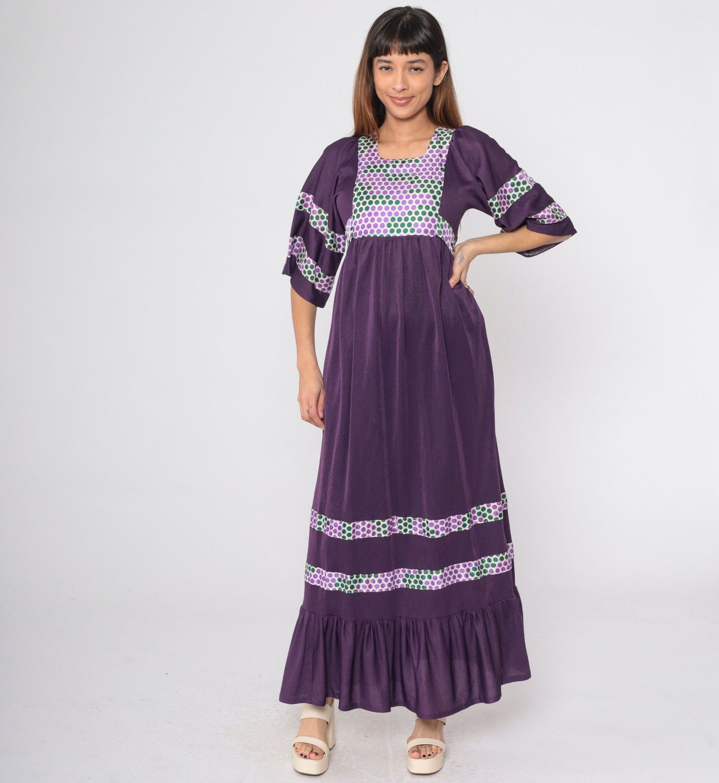 70s Deep Purple Polka Dot Maxi Dress Wide Sleeve Empire Waist Small