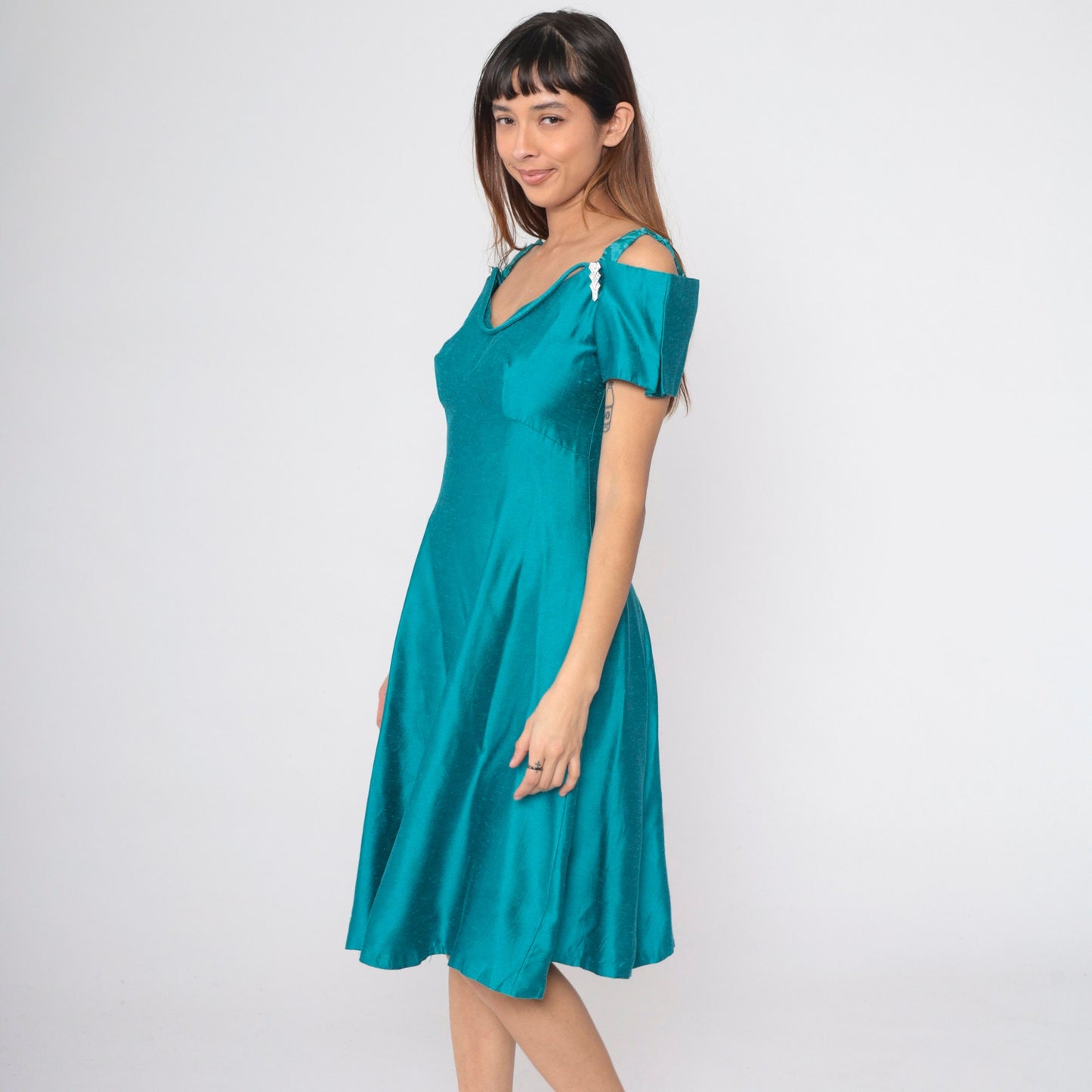 80s Teal Off-Shoulder Midi Dress Rhinestone A-Line Empire Waist Small