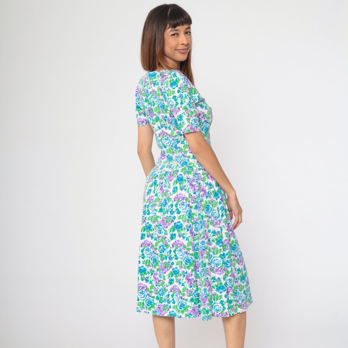 80s Floral Midi Dress Nordstrom Point of View Puff Sleeve Drop Waist Cotton Small