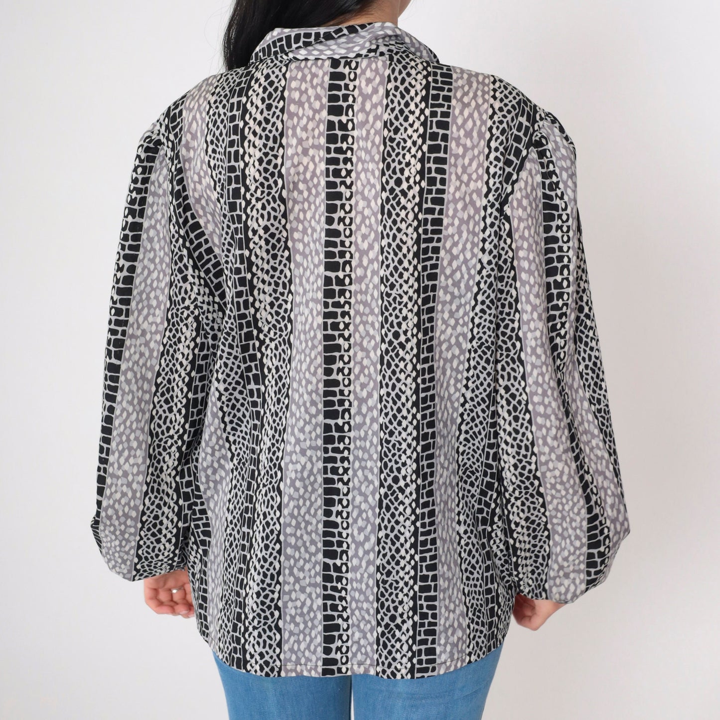 70s Geometric Striped Button-Up Blouse Red Balloon Sleeve Collared Shirt Large