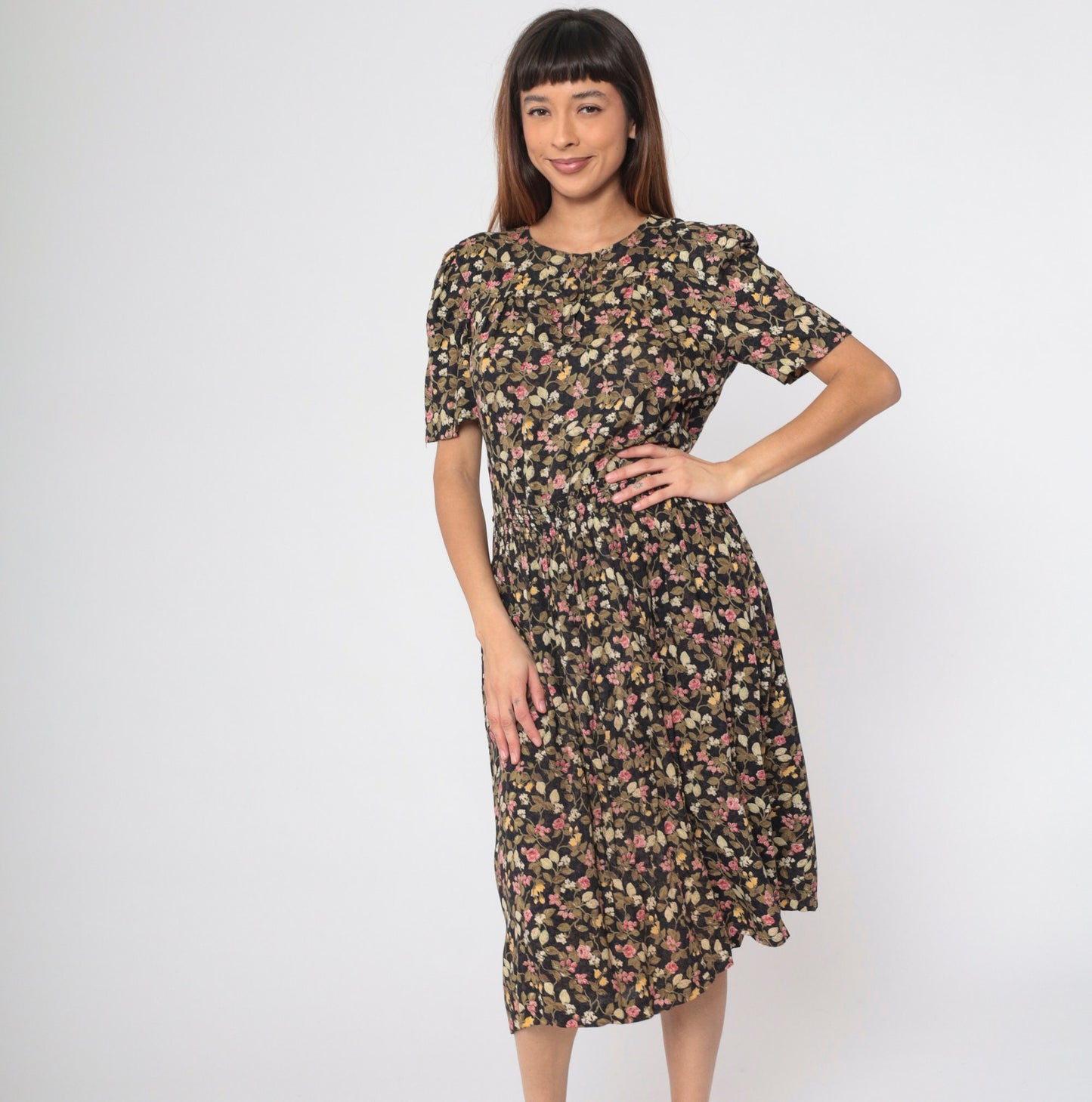 80s Floral Button-Up Midi Dress Black Olive Pink Puff Sleeve Smocked Small