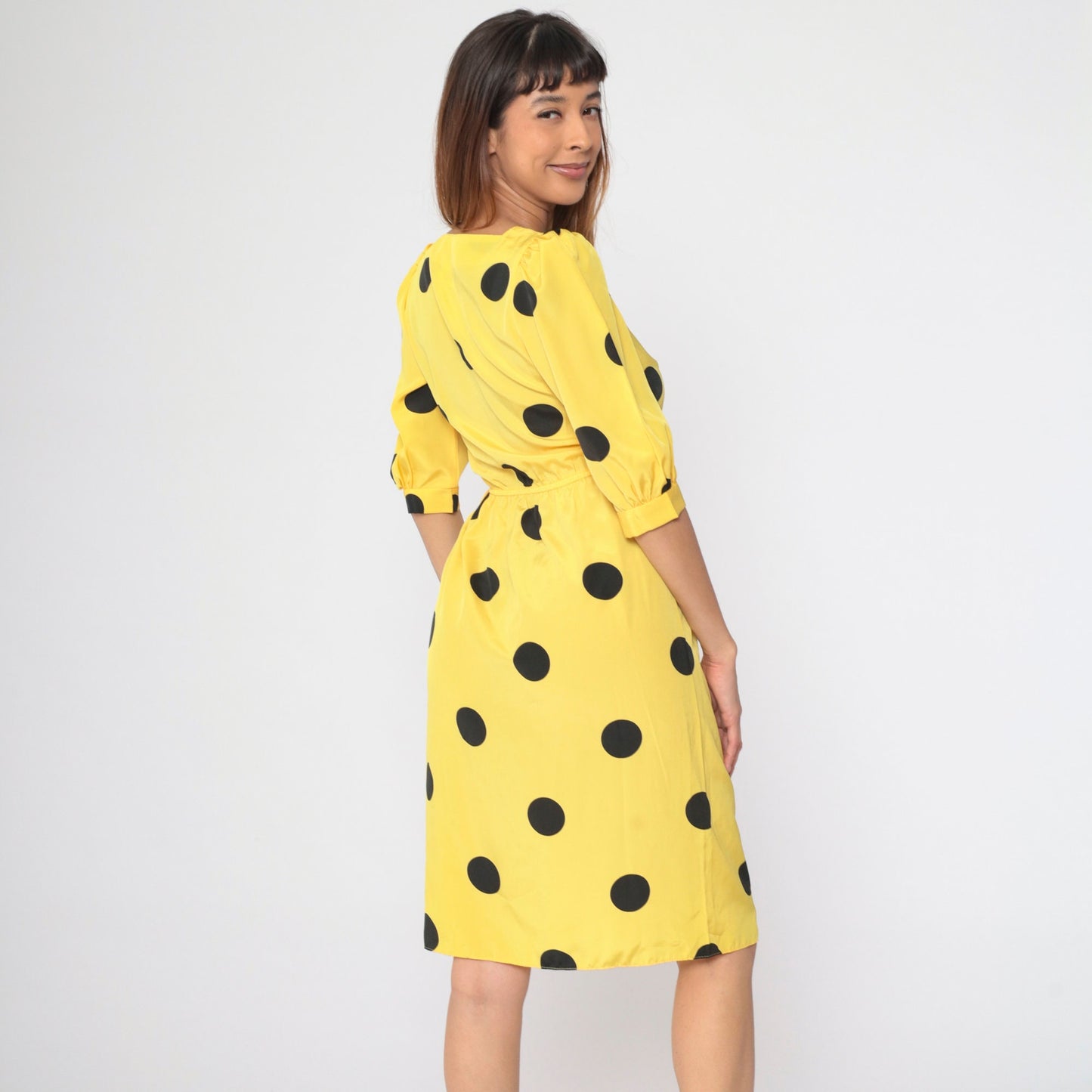 80s Yellow Polka Dot Midi Dress Puff Sleeve Square Neck High Waist Small