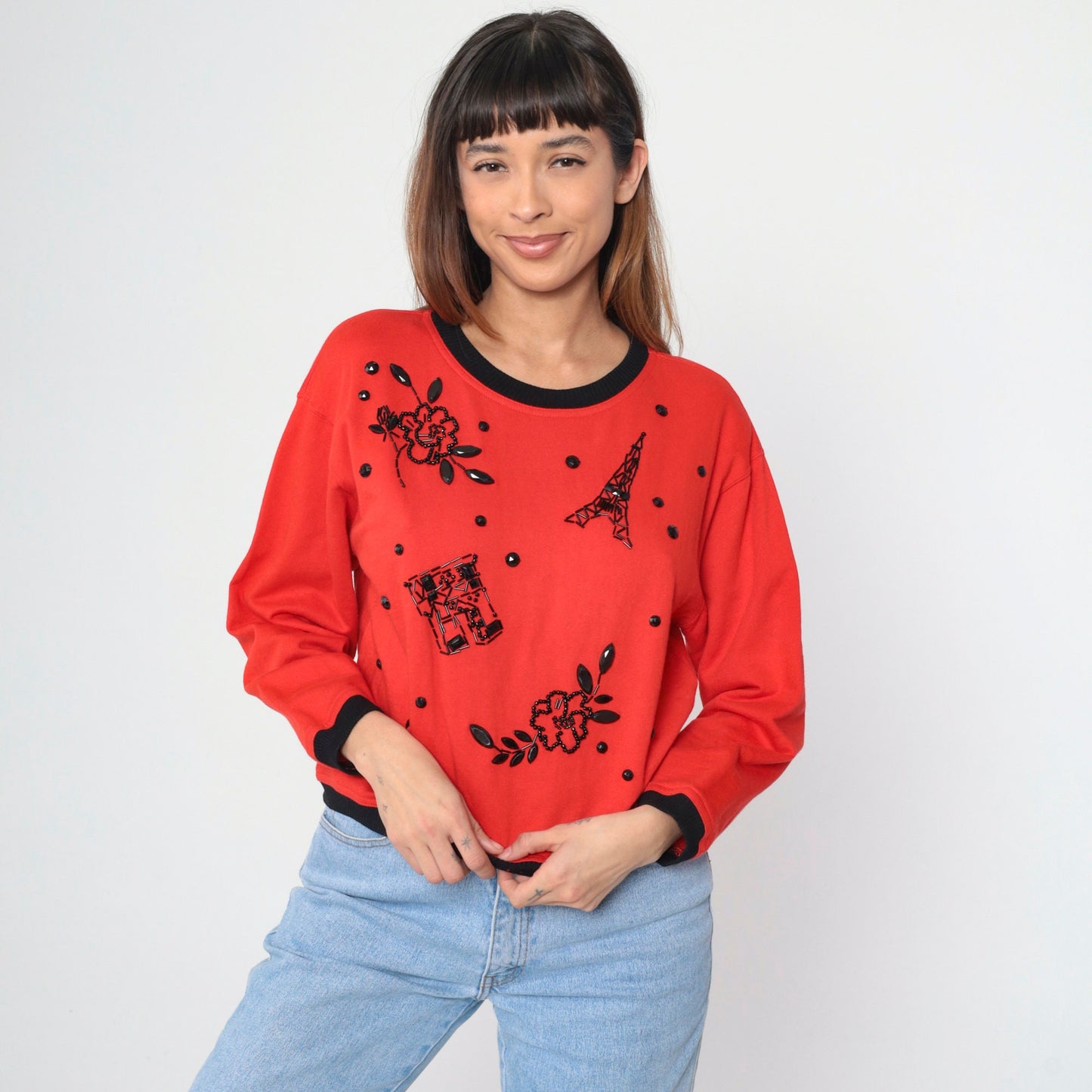 90s Carol Little Beaded Eiffel Tower Sweatshirt Red Ringer Medium