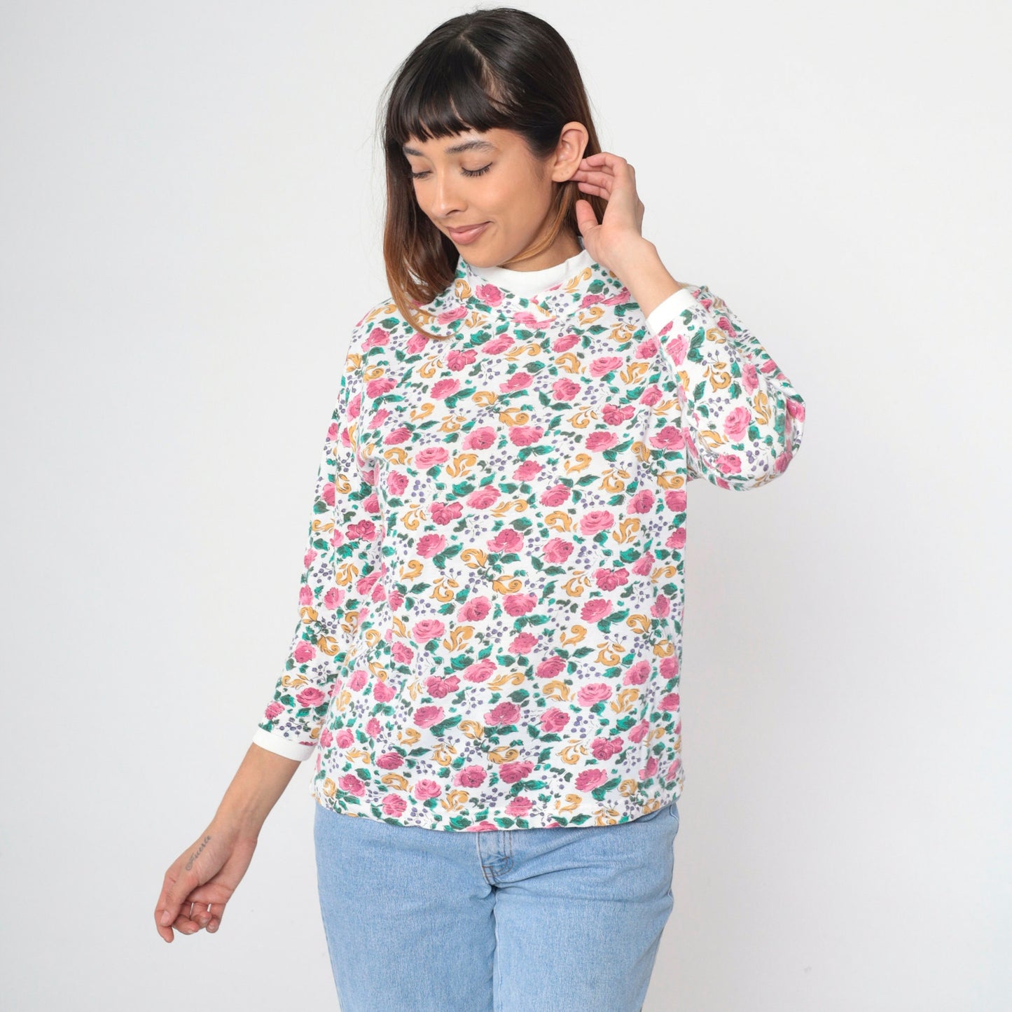 90s Floral Mock Neck Shirt White Pink Rose Print Long Sleeve Blouse Medium