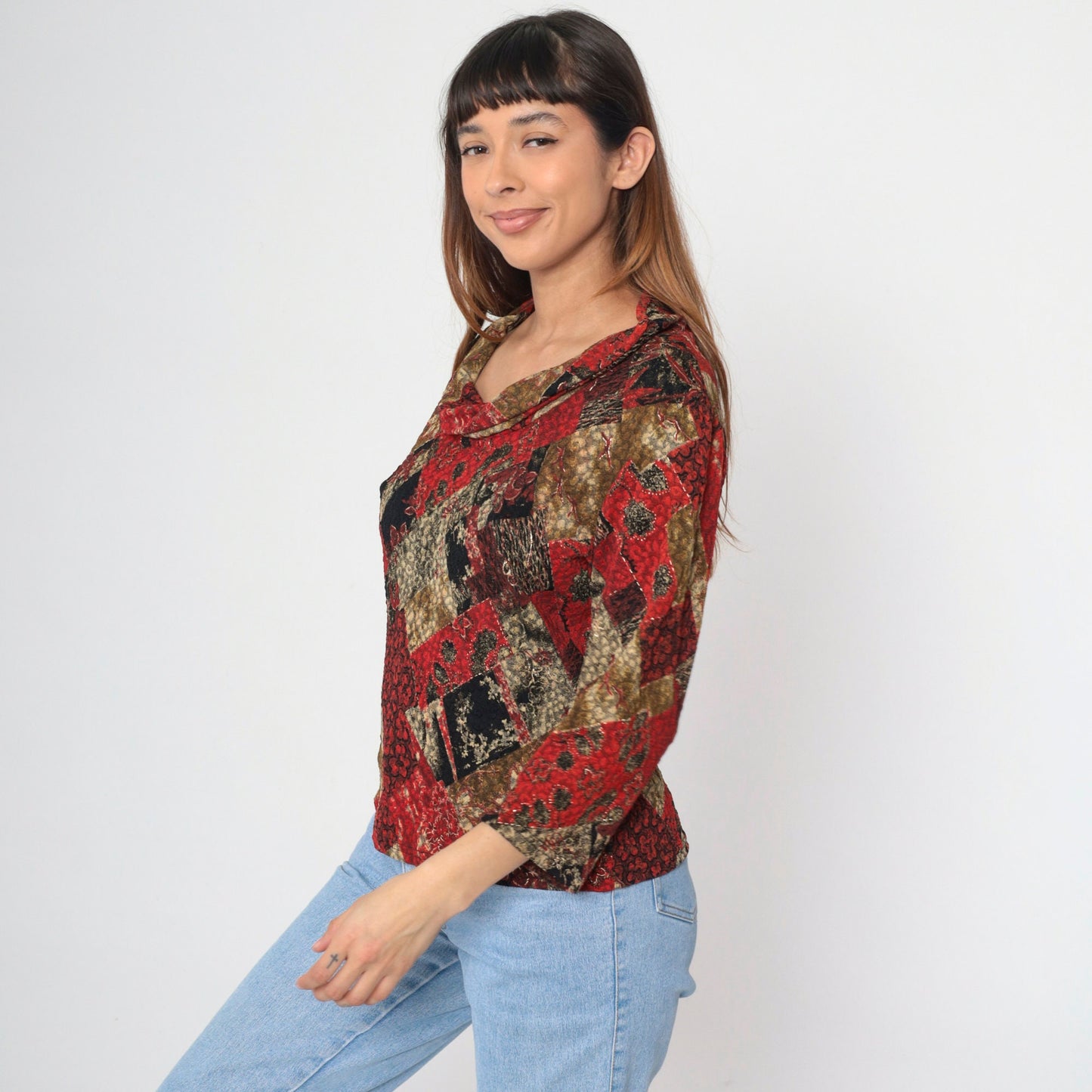 Y2K Carducci Patchwork Floral Cowl Neck Blouse Metallic Long Sleeve Extra Large XXL