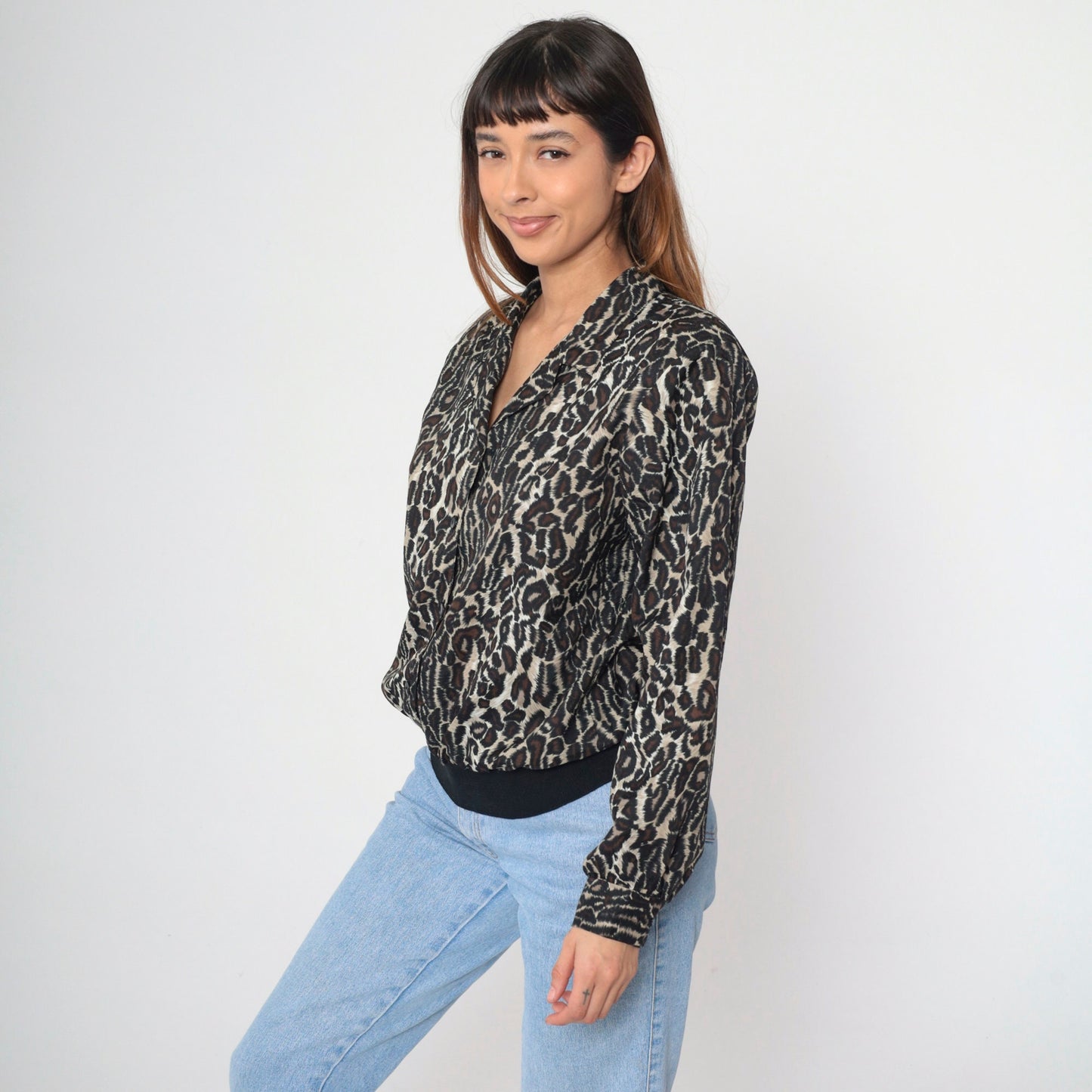 80s Leopard Print Button-Up Blouse Long Sleeve Collared Top Large