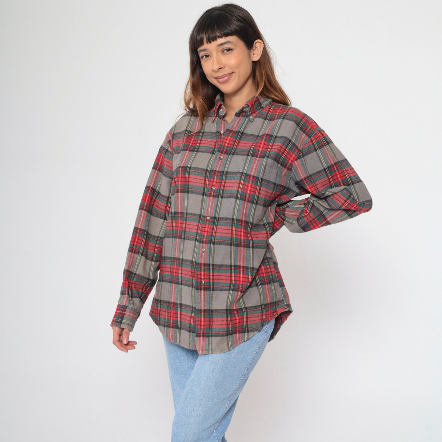 90s Lands End Plaid Flannel Shirt Grey Red Green Button Up Medium