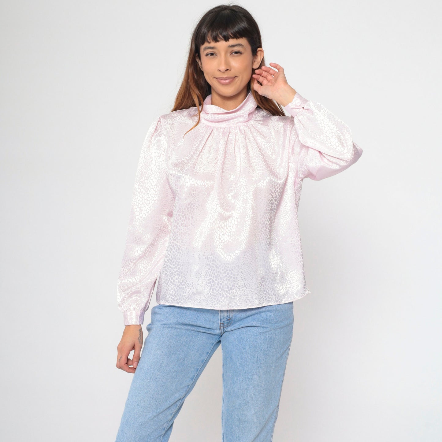 80s Grand Design Baby Pink Embossed Snakeskin Turtleneck Puff Sleeve Blouse Large