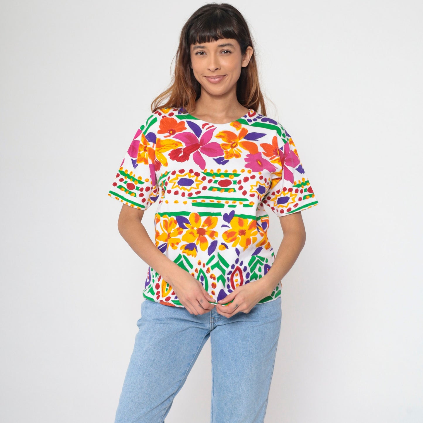 90s Tropical Floral Striped T-Shirt White Pink Orange Botanical Print Large L