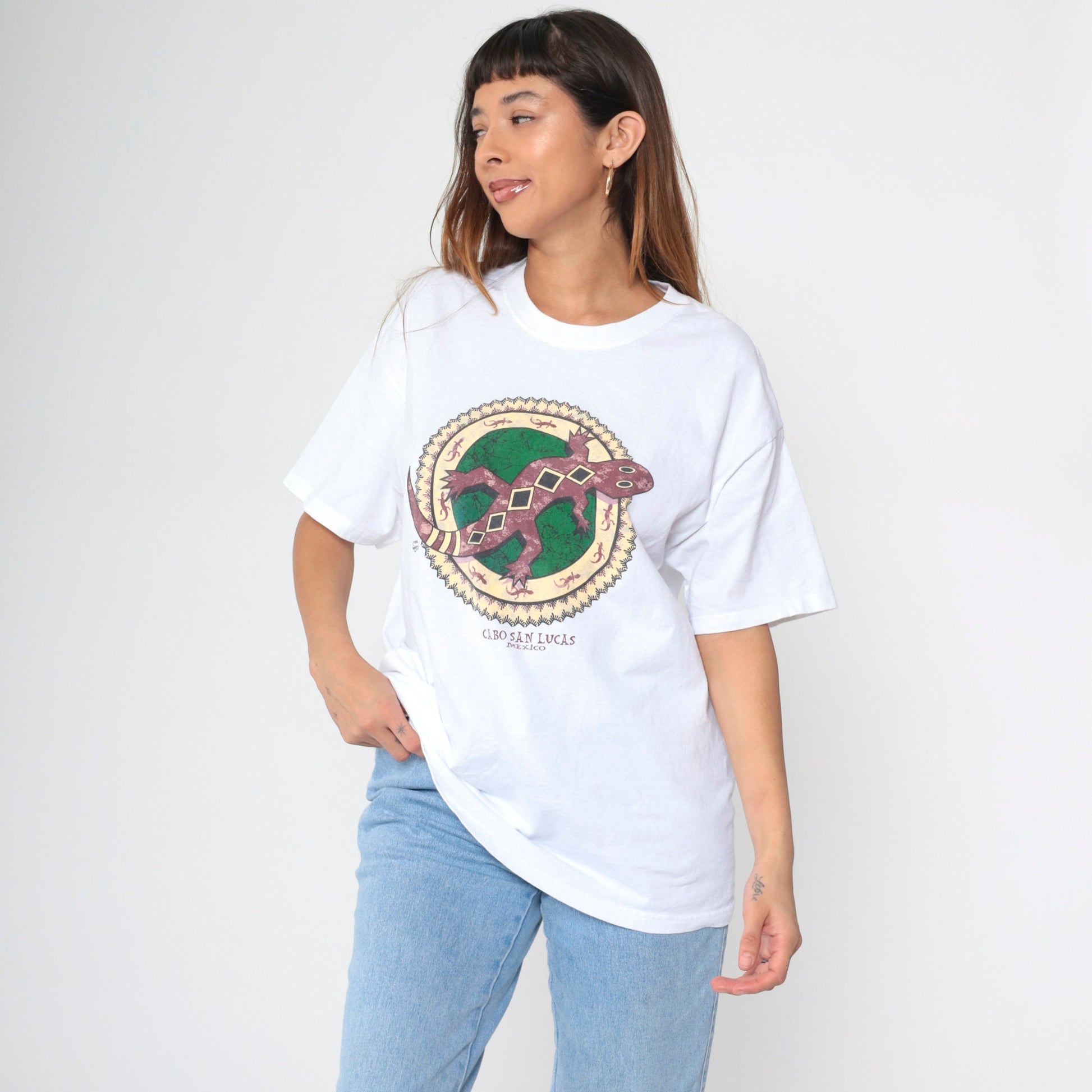 90s Cabo San Lucas Gecko Graphic T-Shirt White Cotton Crewneck Extra Large XL
