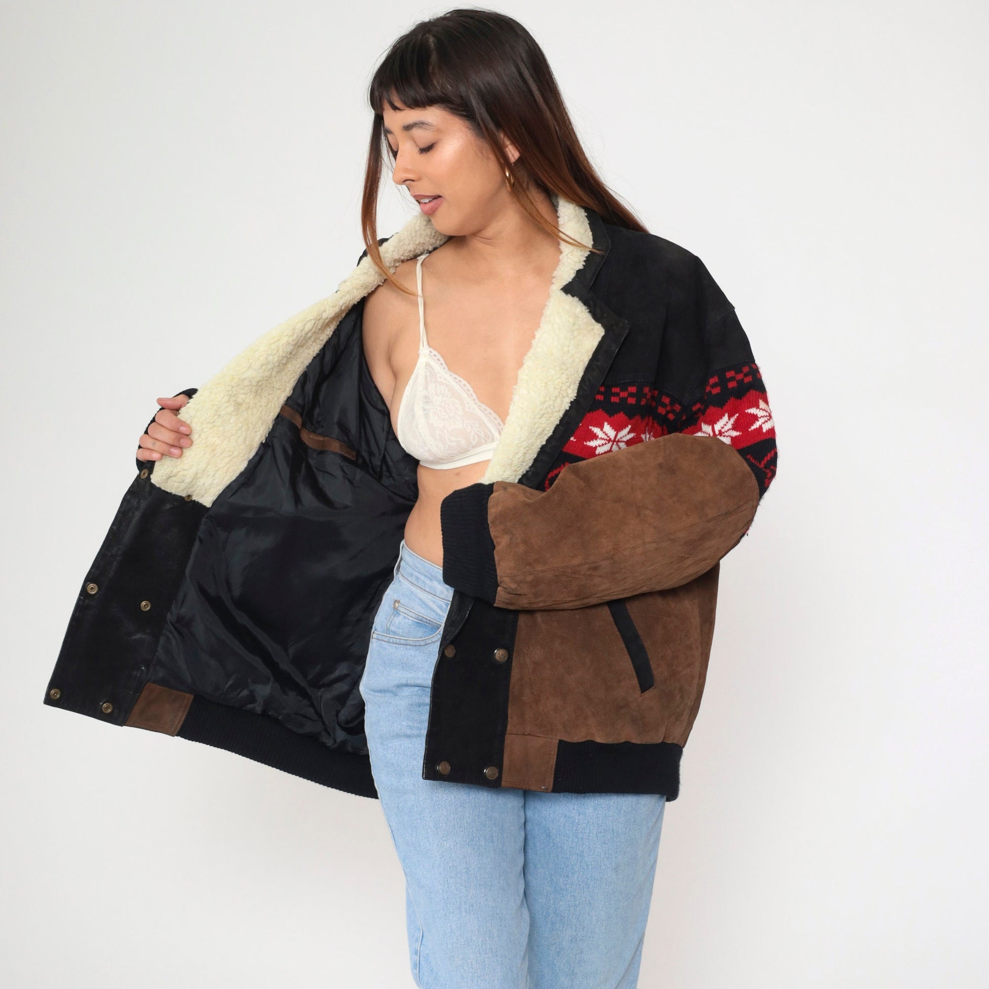 90s Sun & Moon Black Brown Suede Leather Jacket Nordic Snowflake Sherpa Trim Large