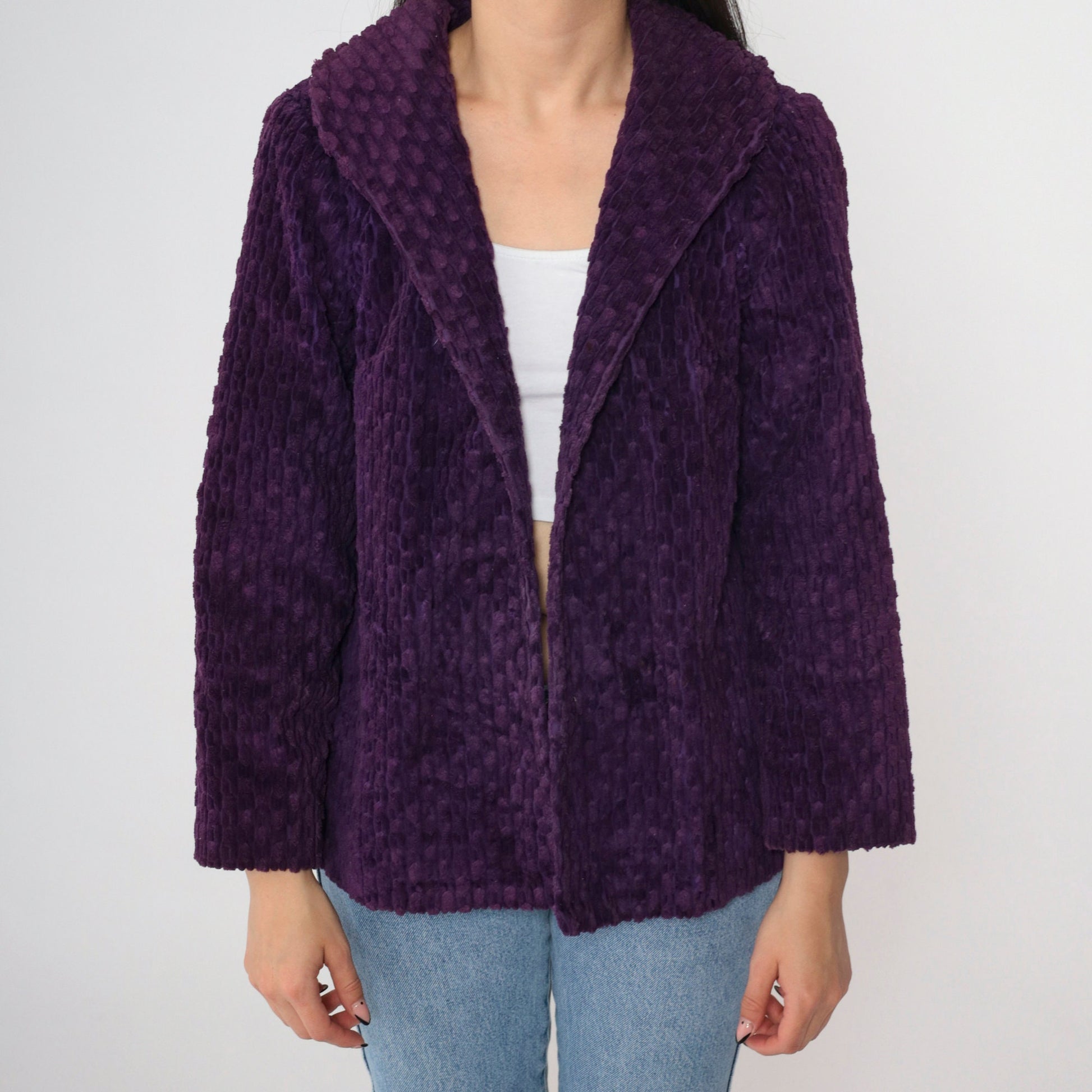 80s Deep Purple Plush Textured Blazer Shawl Collar Open Front Small