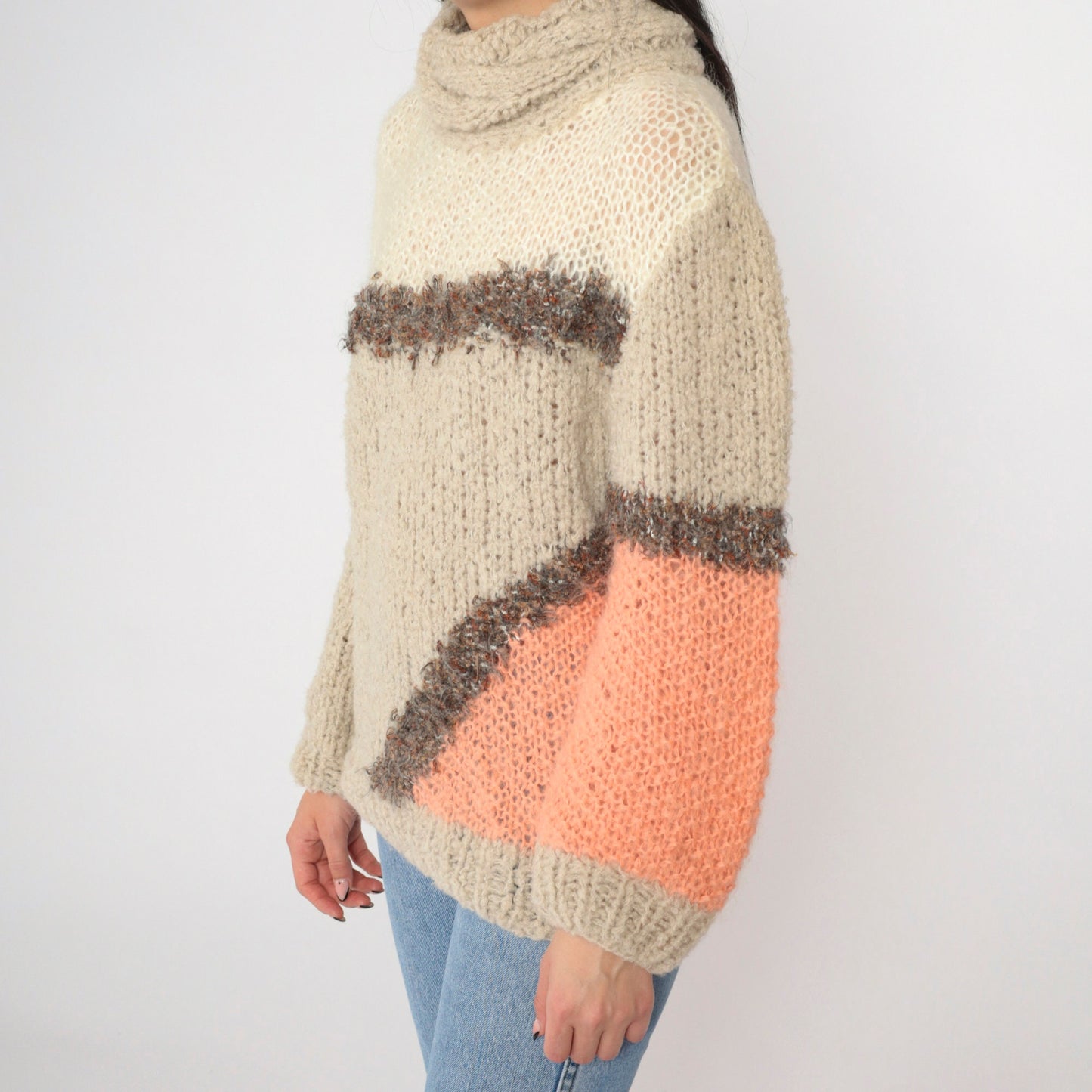 80s Color Block Turtleneck Sweater Beige Openwork Knit Geometric Pullover Small