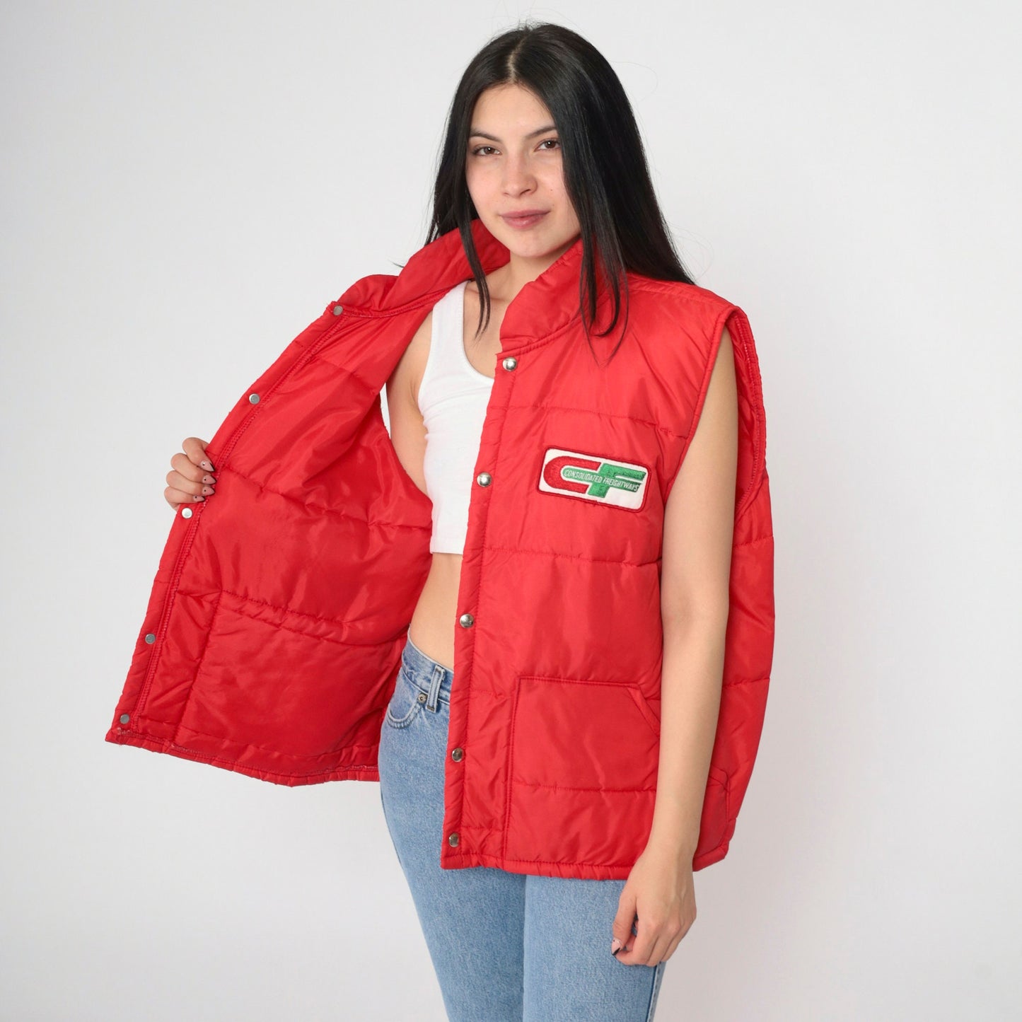 80s Consolidated Freightways Red Puffer Vest Snap Sleeveless Jacket Extra Large