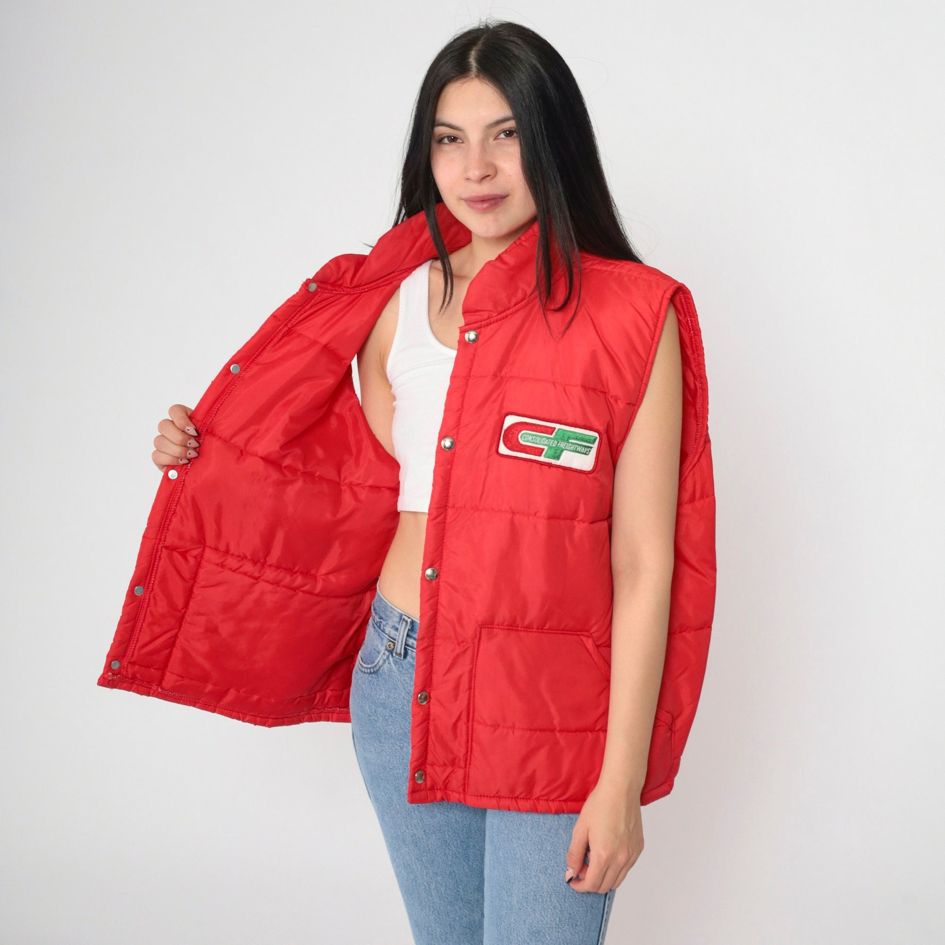 80s Consolidated Freightways Red Puffer Vest Snap Sleeveless Jacket Extra Large