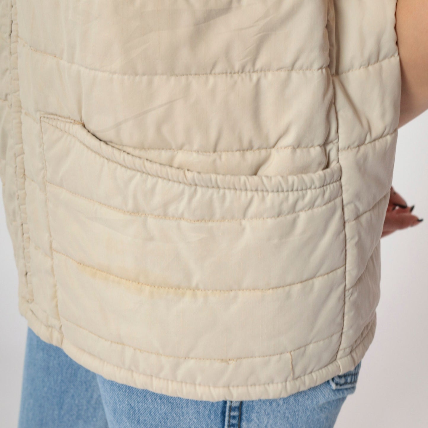 80s Beige Puffer Vest Zip-Up Sleeveless Jacket Rust Lining Medium
