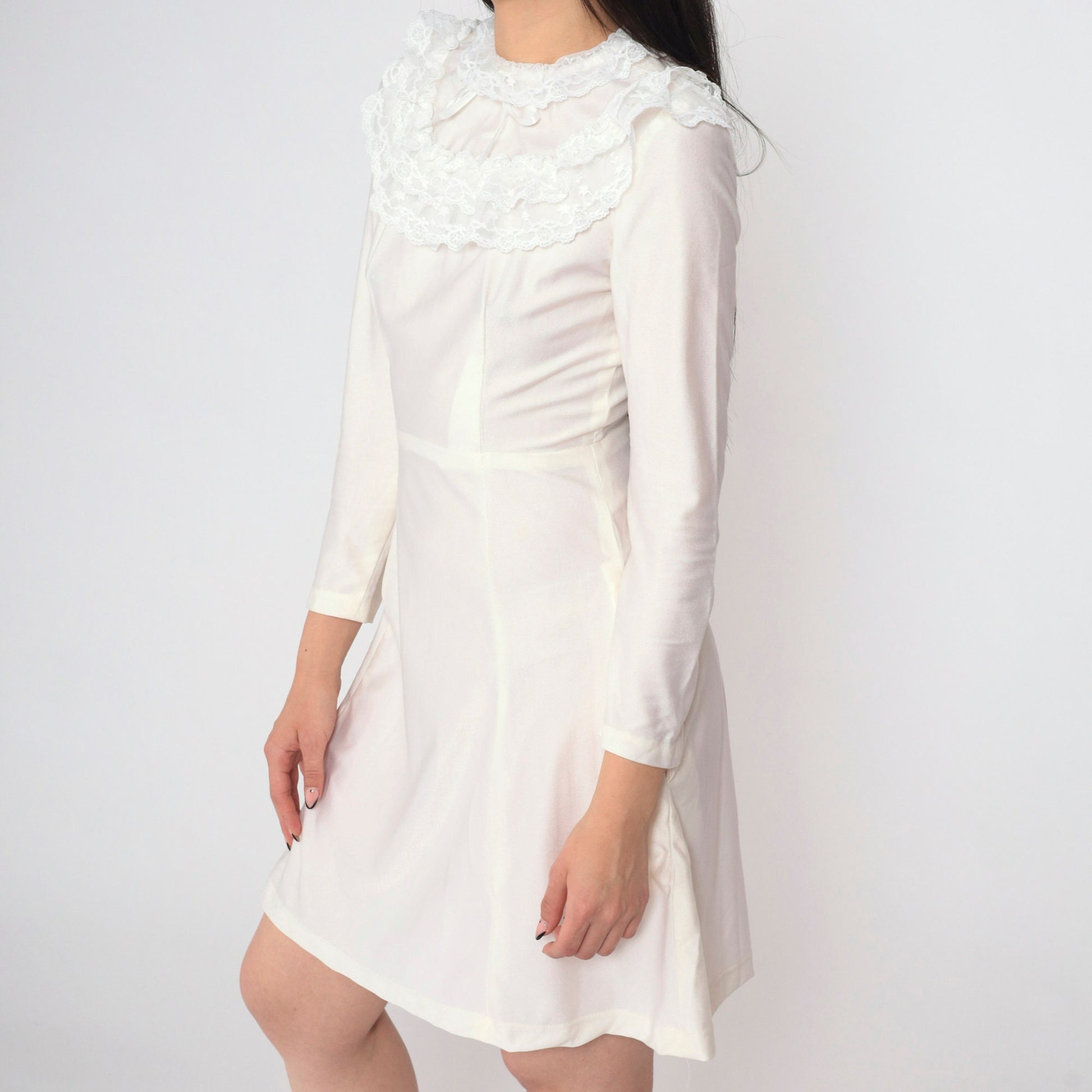 70s White Lace Dress Ruffled Collar Long Sleeve High Waist Mini Extra Small