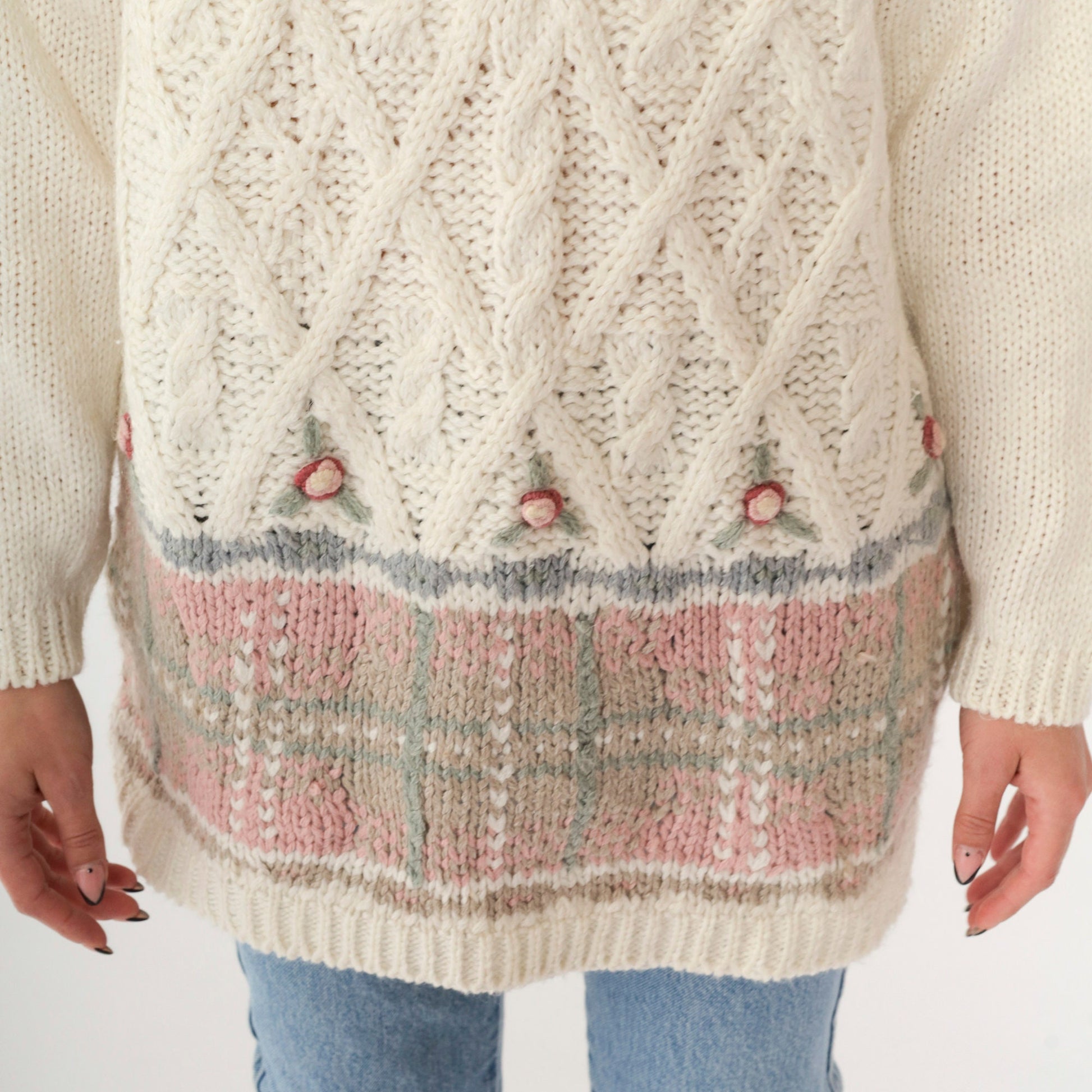 90s Casual Corner Hand-Knit Floral Sweater Cream Green Pink Large