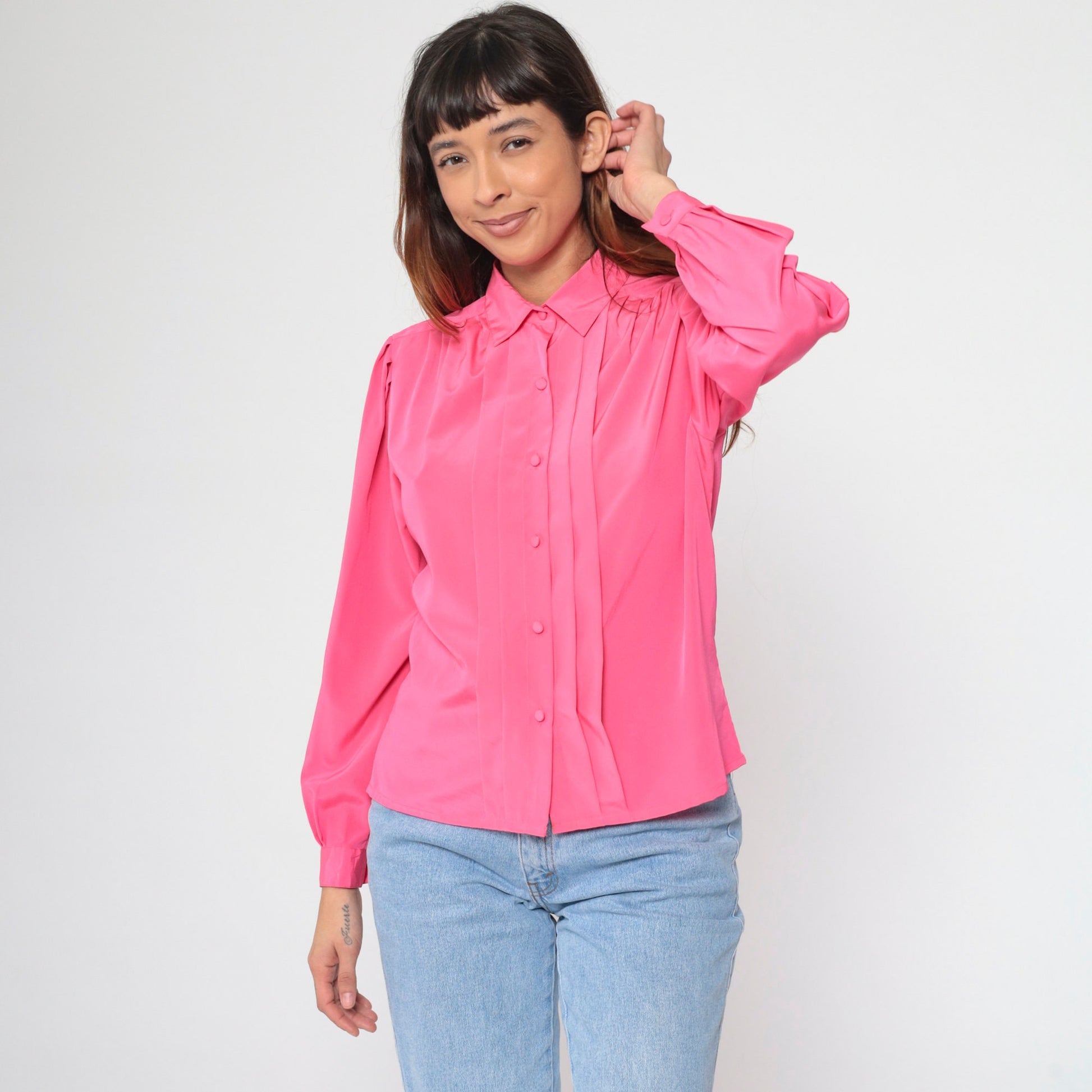 90s Hot Pink Puff Sleeve Blouse Pleated Button-Up Collared Shirt Medium Petite