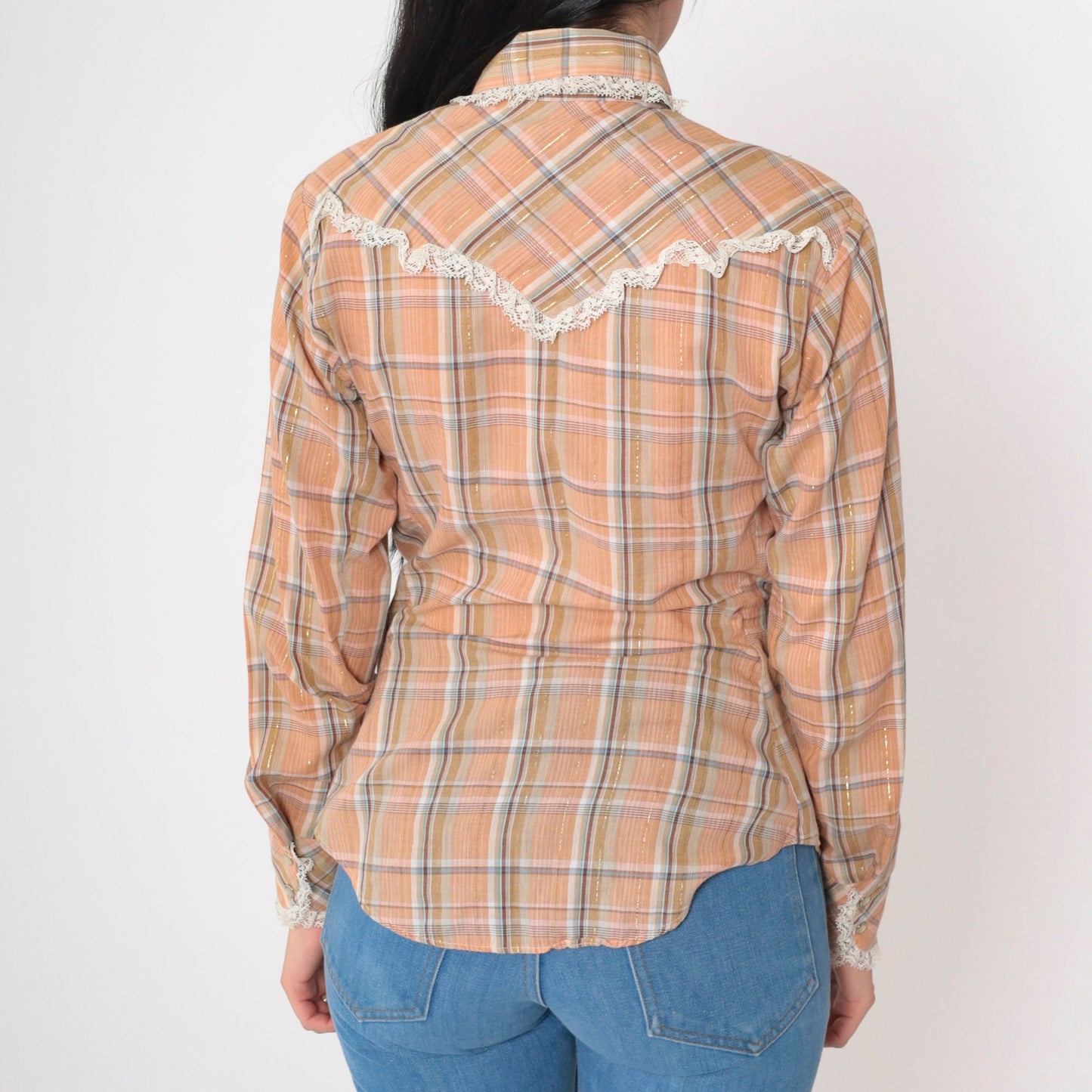 70s Panhandle Slim Western Shirt Metallic Plaid Lace Pearl Snap Orange Small