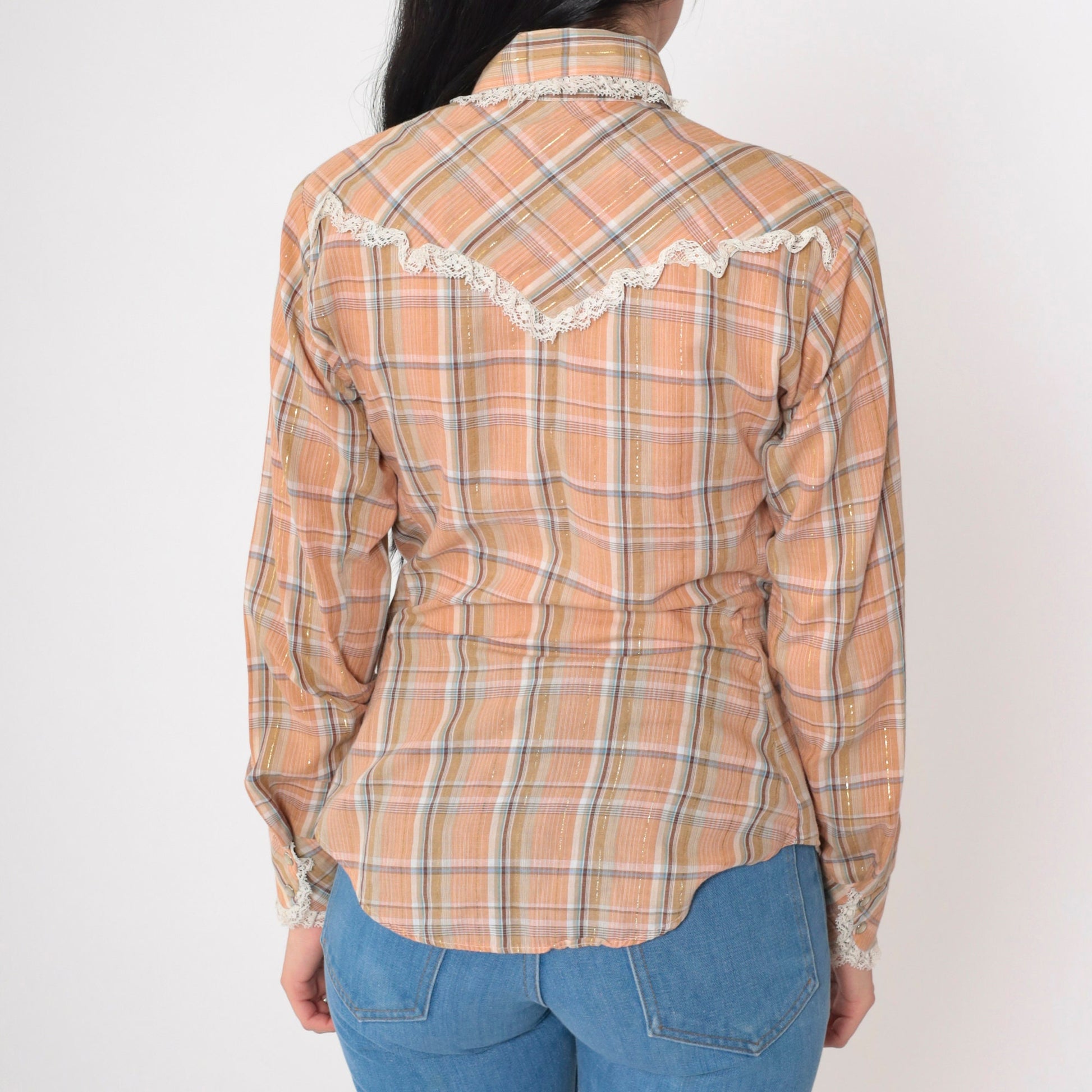 70s Panhandle Slim Western Shirt Metallic Plaid Lace Pearl Snap Orange Small
