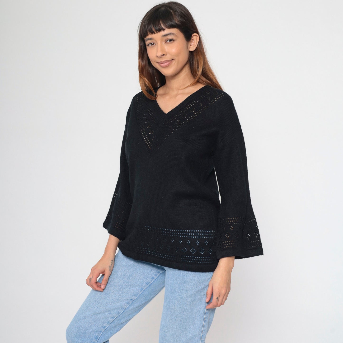 80s Black Cutwork Sweater Bell Sleeve V Neck Knit Pullover Large L