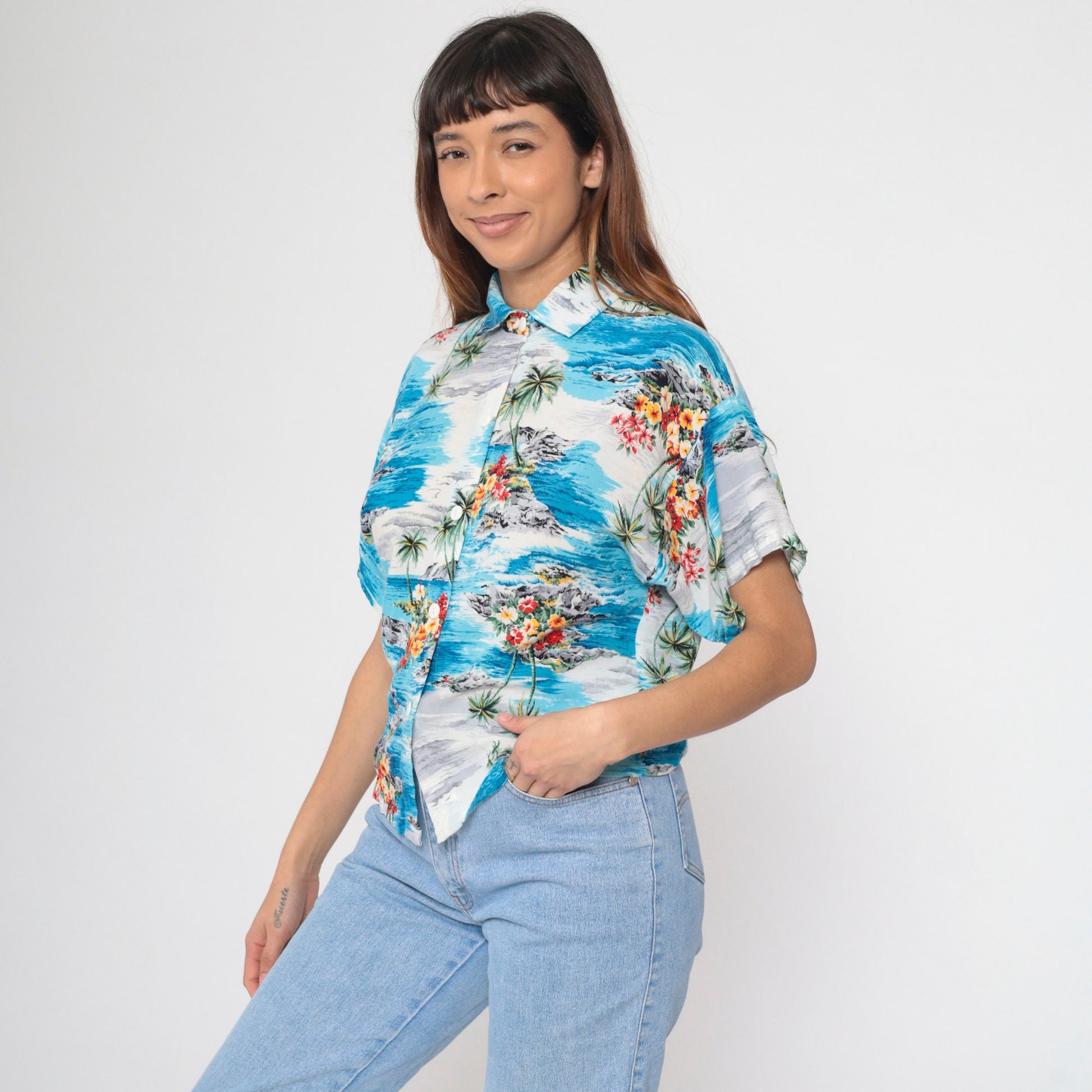 90s Hawaiian Shirt Palm Tree Tropical Print Blue Grey Button Up Medium