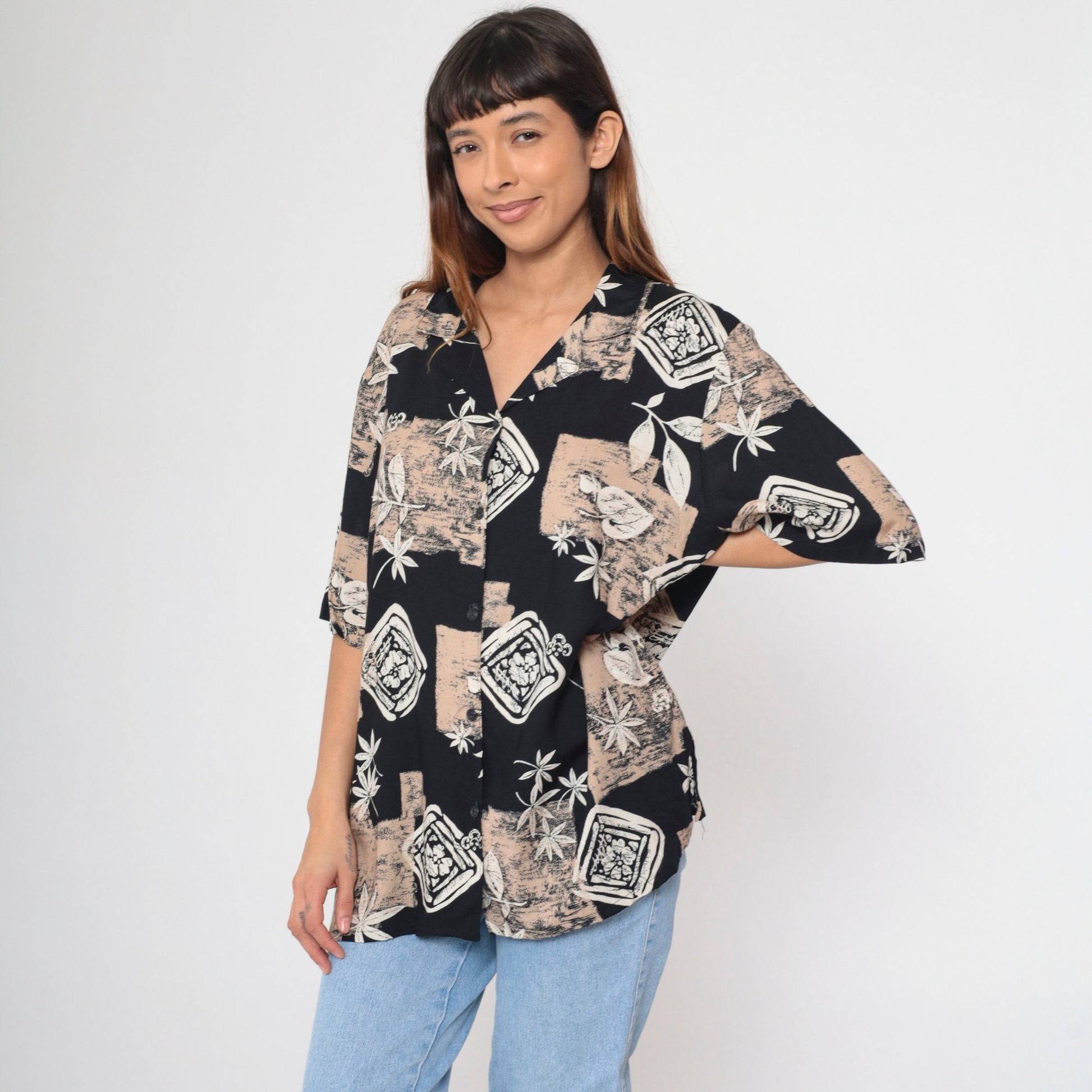90s Alfred Dunner Button Up Blouse Leaf Floral Print Black Tan XXL