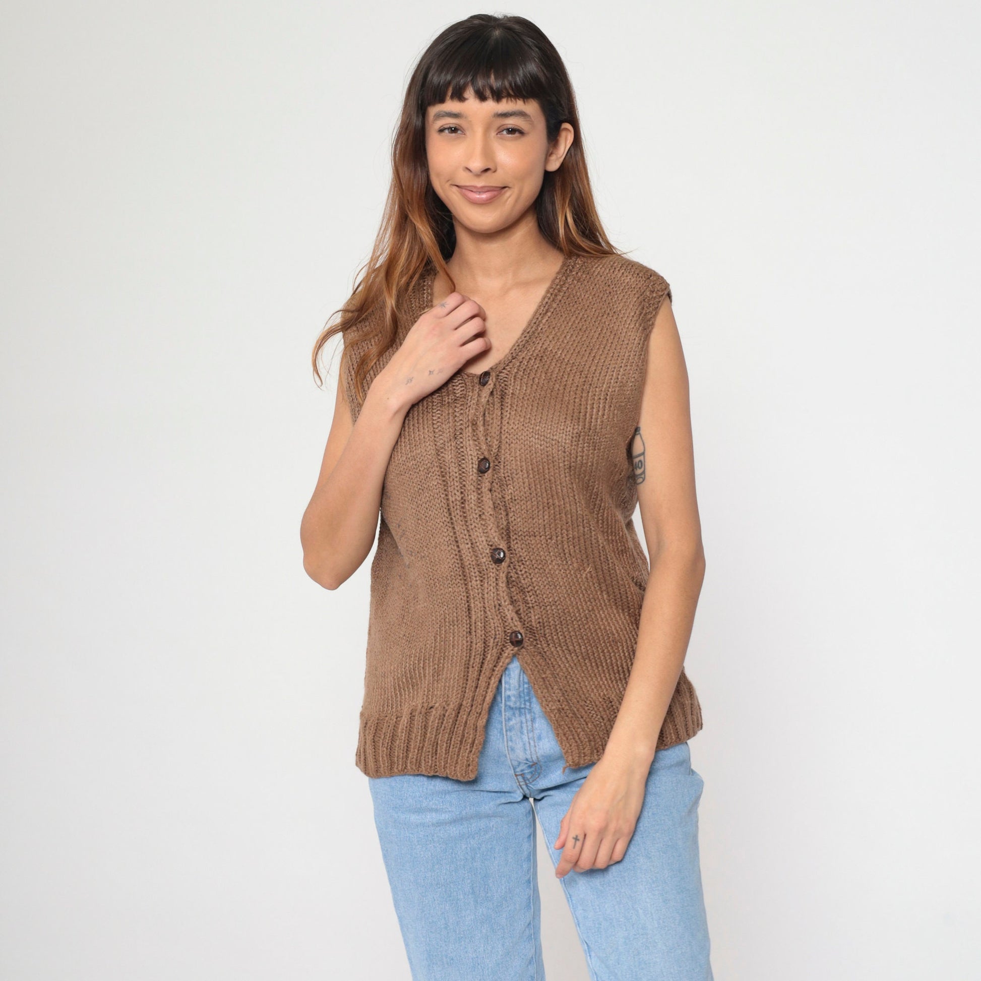 80s Brown Knit Button-Up Vest Medium M