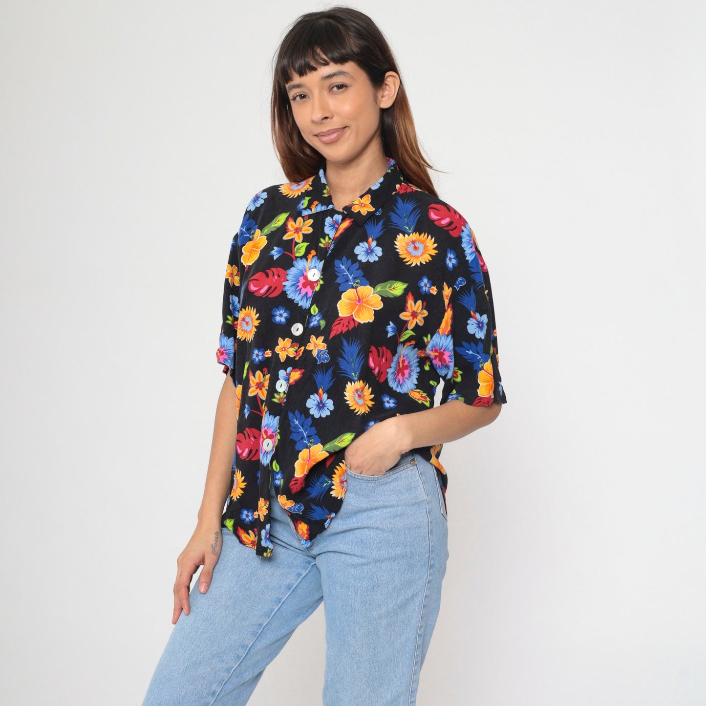 90s Tropical Floral Black Button Up Blouse Short Sleeve Extra Large XXL