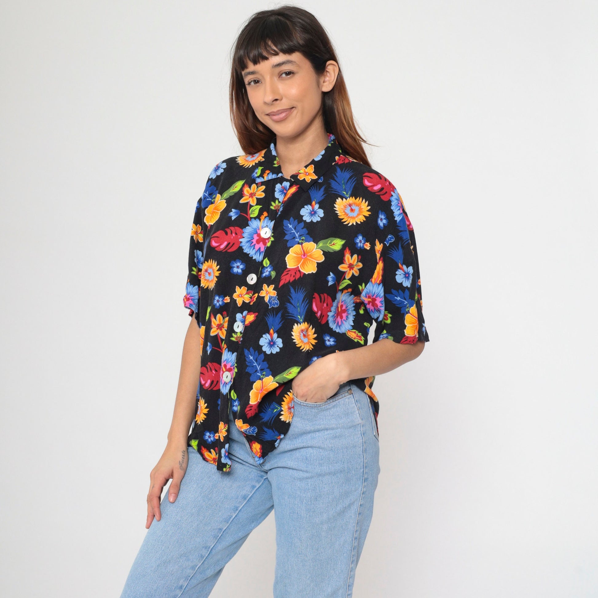 90s Tropical Floral Black Button Up Blouse Short Sleeve Extra Large XXL