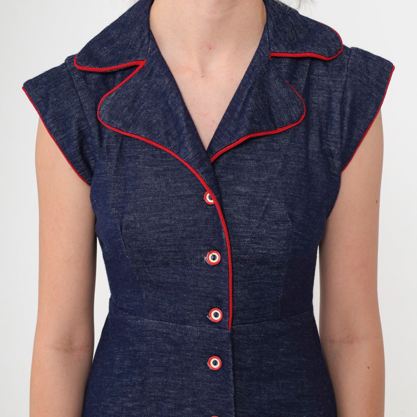 70s Dark Blue Mini Dress Cap Sleeve High Waist Button Up Flared Shirtdress Extra Small