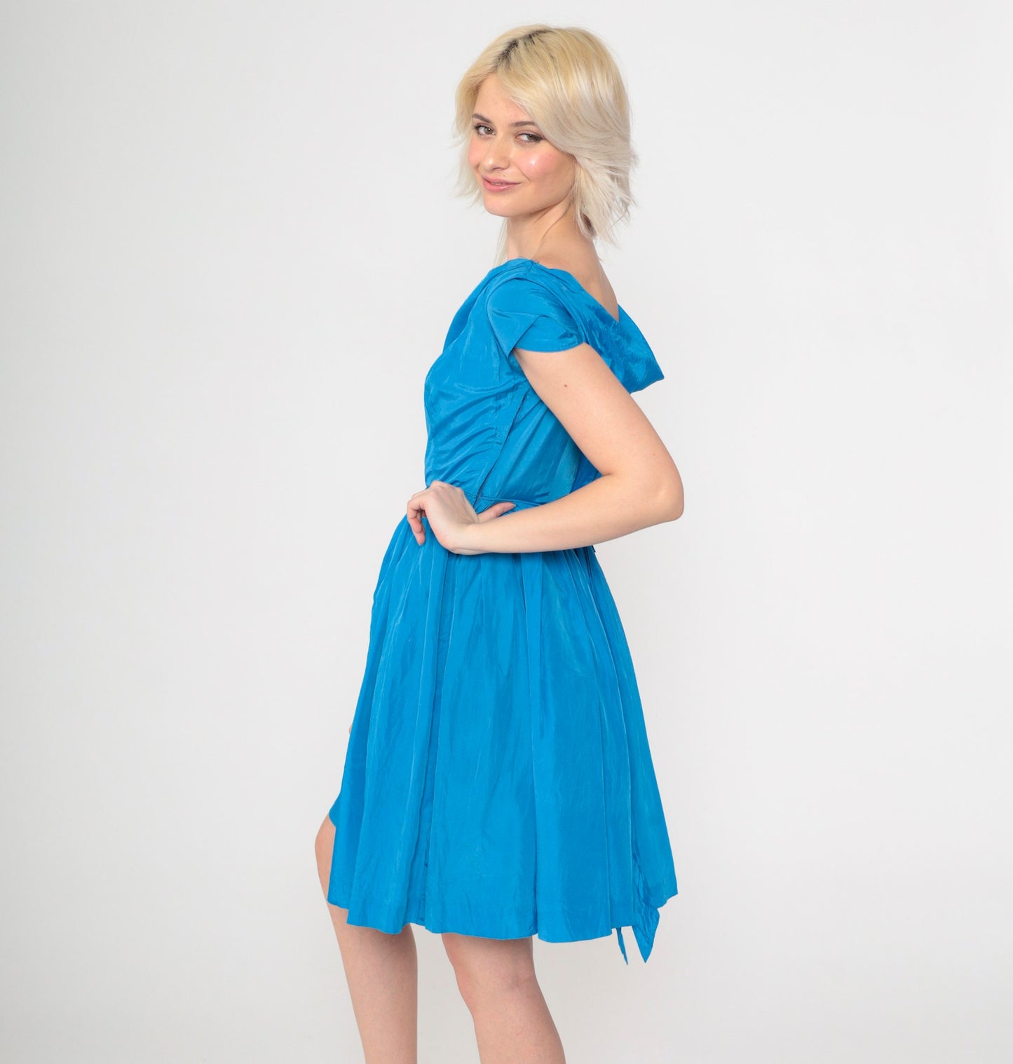 1950s Lorrie Deb San Francisco Blue Bow Cocktail Dress Cap Sleeve Extra Small