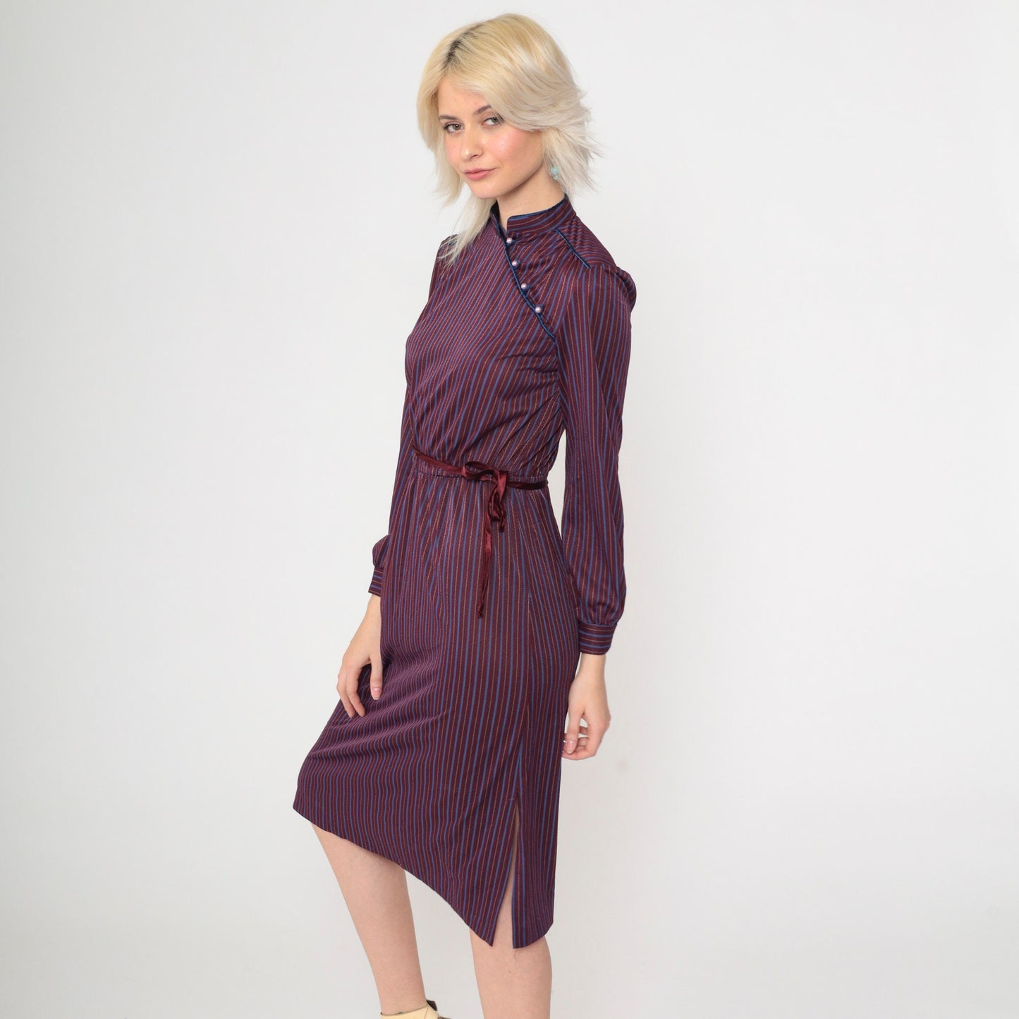 70s Jerri Jee Mandarin Collar Midi Dress Plum Striped Puff Sleeve Extra Small