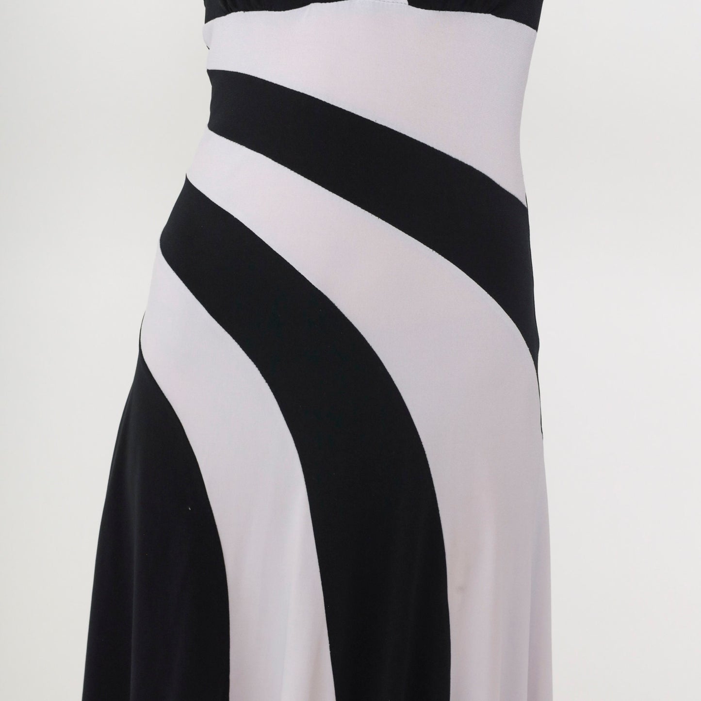 00s Black White Striped Halter Midi Dress Hanky Hem Sleeveless Small