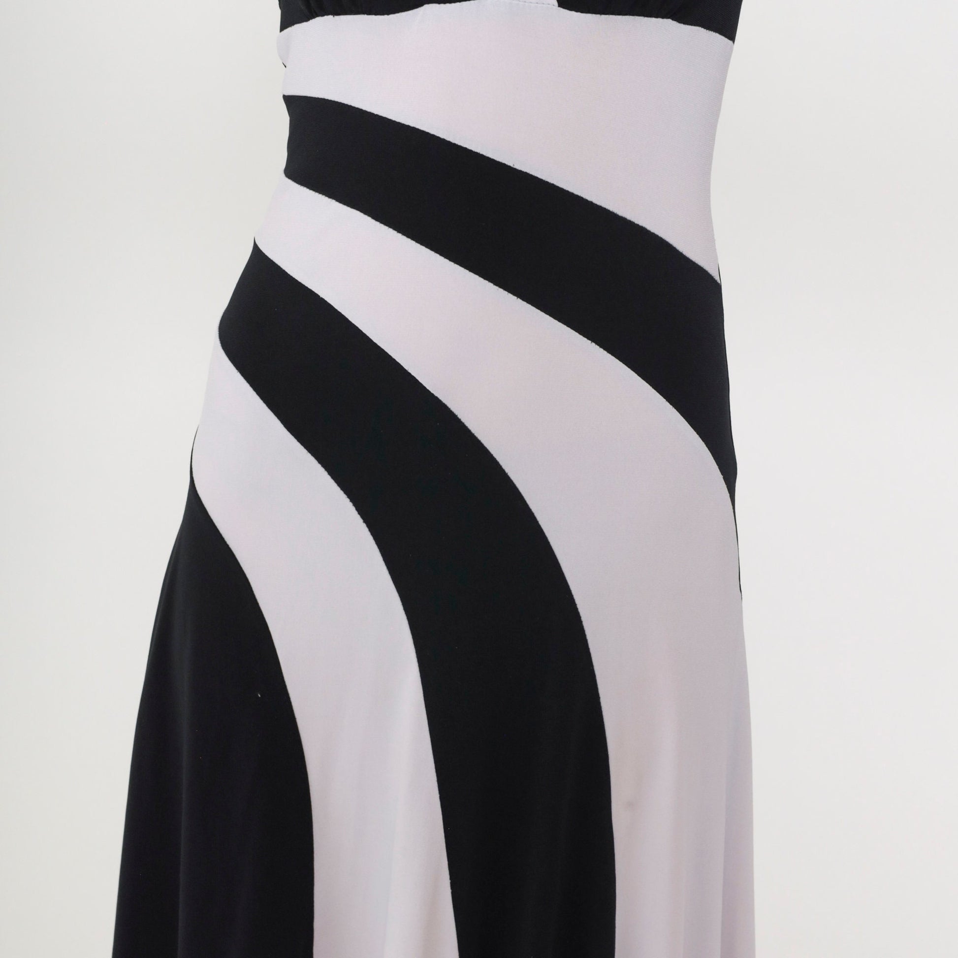 00s Black White Striped Halter Midi Dress Hanky Hem Sleeveless Small