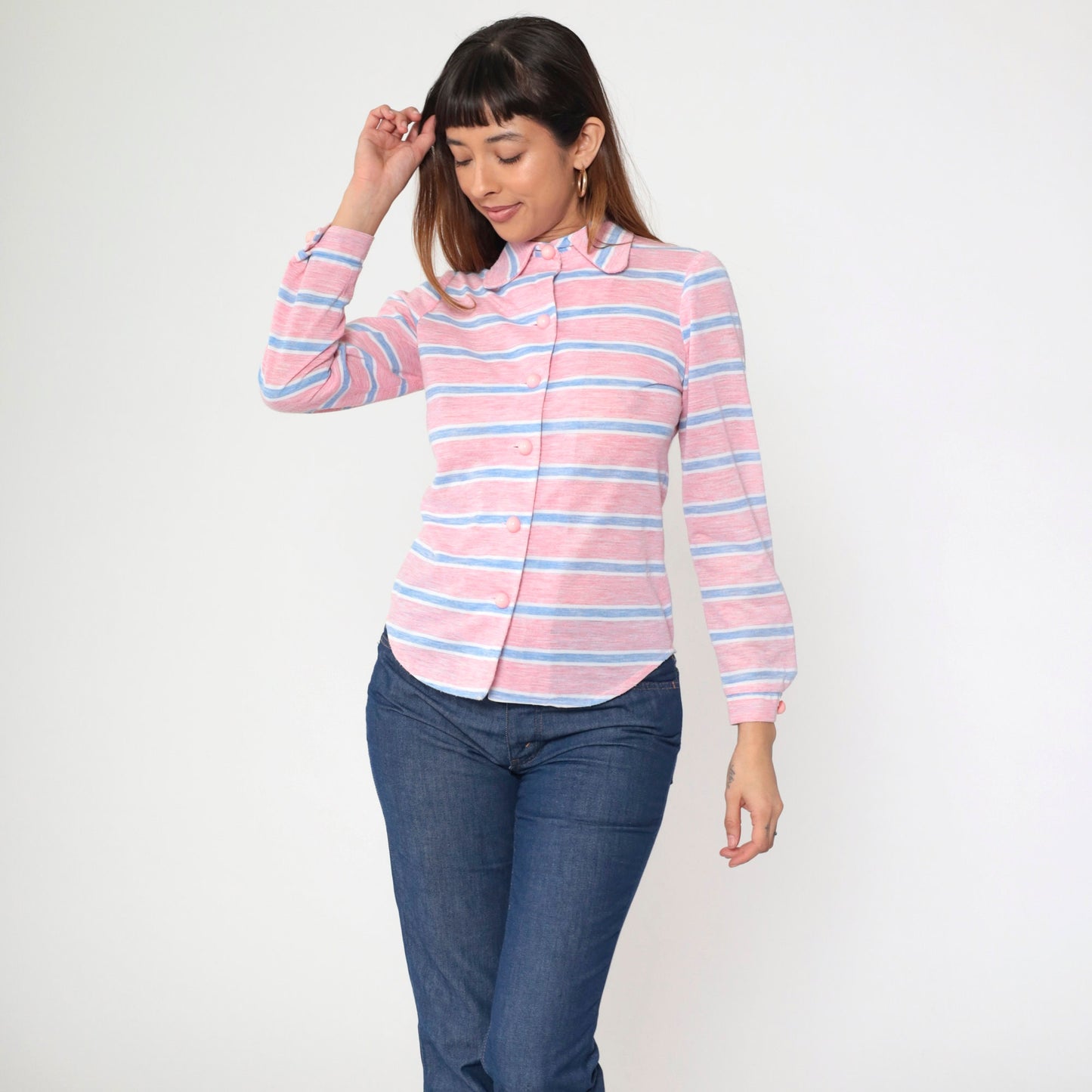 70s Pink Striped Shirt Dog Ear Collar Long Sleeve Button Up Small