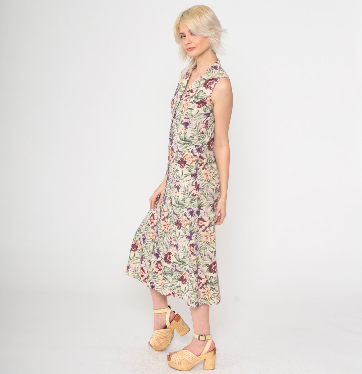 90s Tropical Floral Silk Midi Dress Cream Button-Front Sleeveless Small