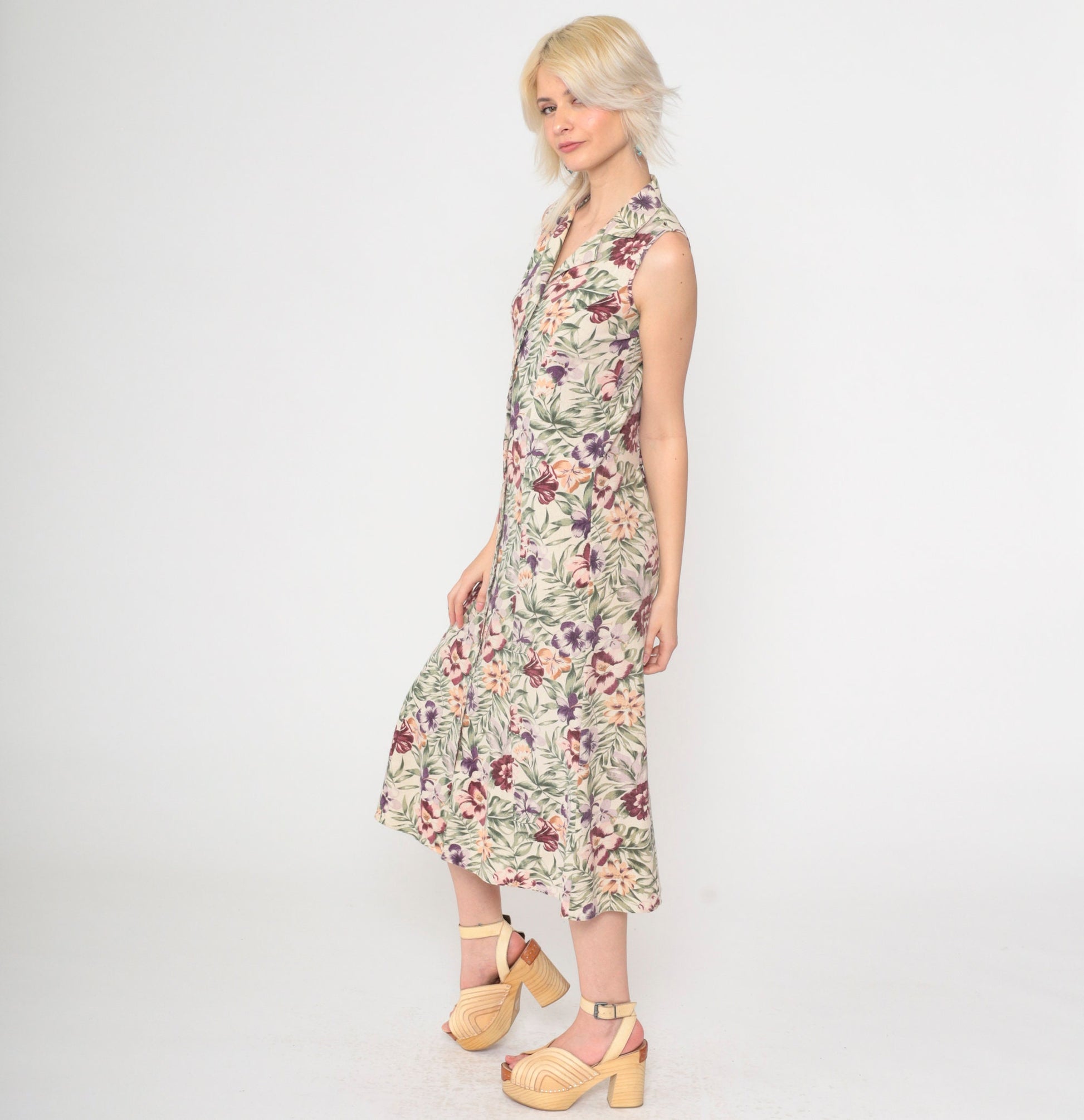 90s Tropical Floral Silk Midi Dress Cream Button-Front Sleeveless Small