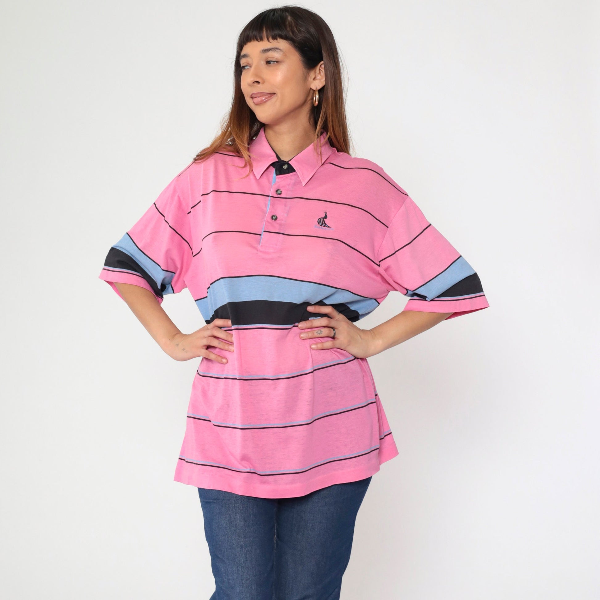 80s Santa Anita Park Peacock Polo Shirt Pink Striped Button Up Extra Large XL