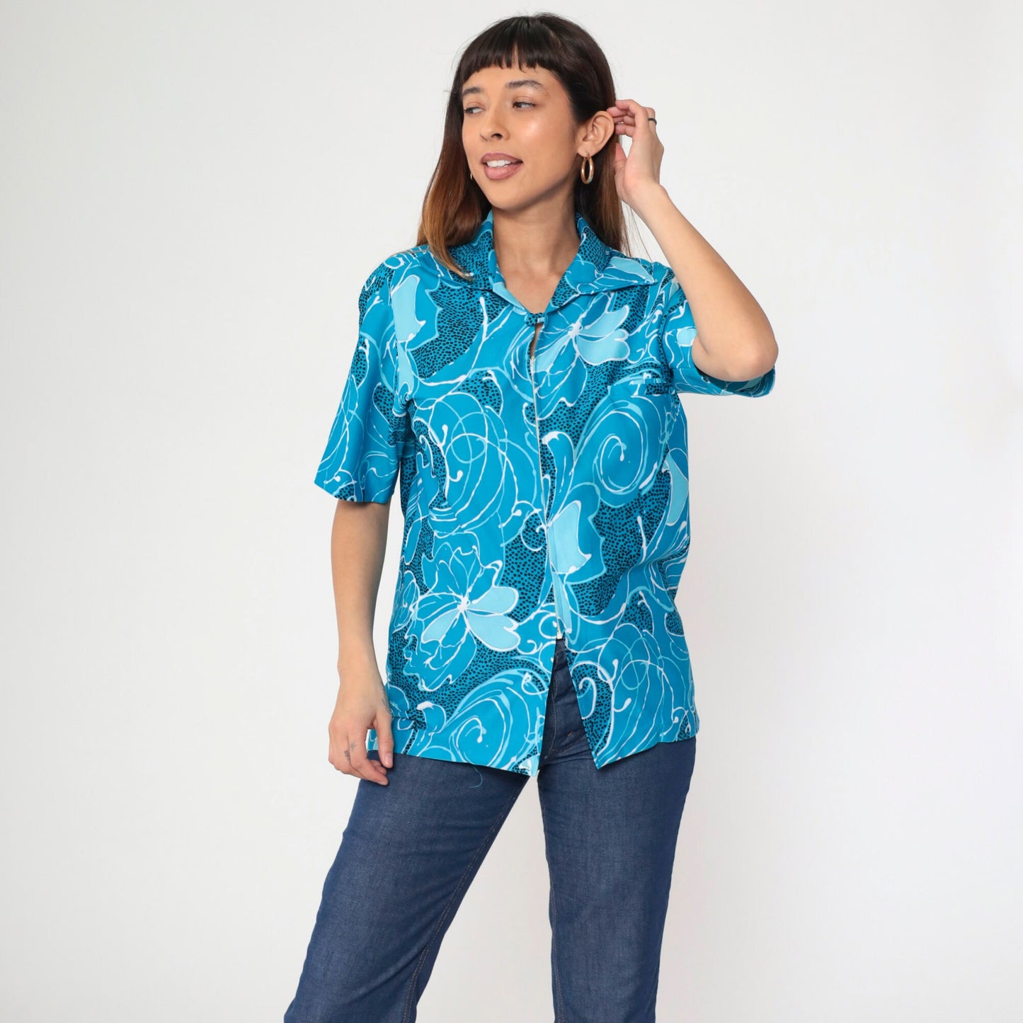 70s Blue Floral Abstract Zip-Up Blouse Short Sleeve Medium Large