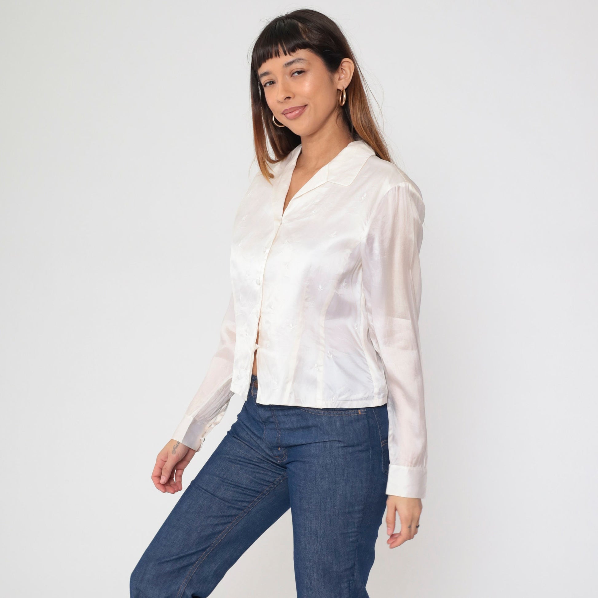 90s Rena Rowan Silk Satin Blouse Floral Embroidered Button Up White Large