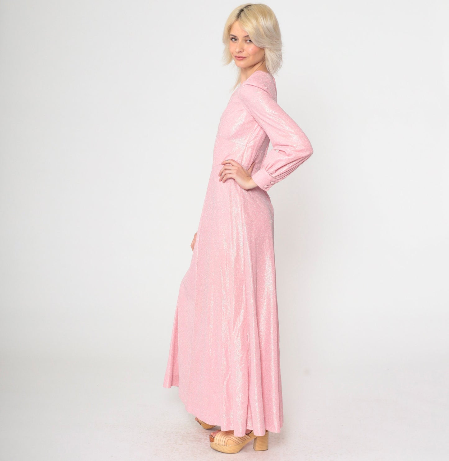 70s Metallic Baby Pink Maxi Dress Puff Sleeve V-Neck High Waist Extra Small