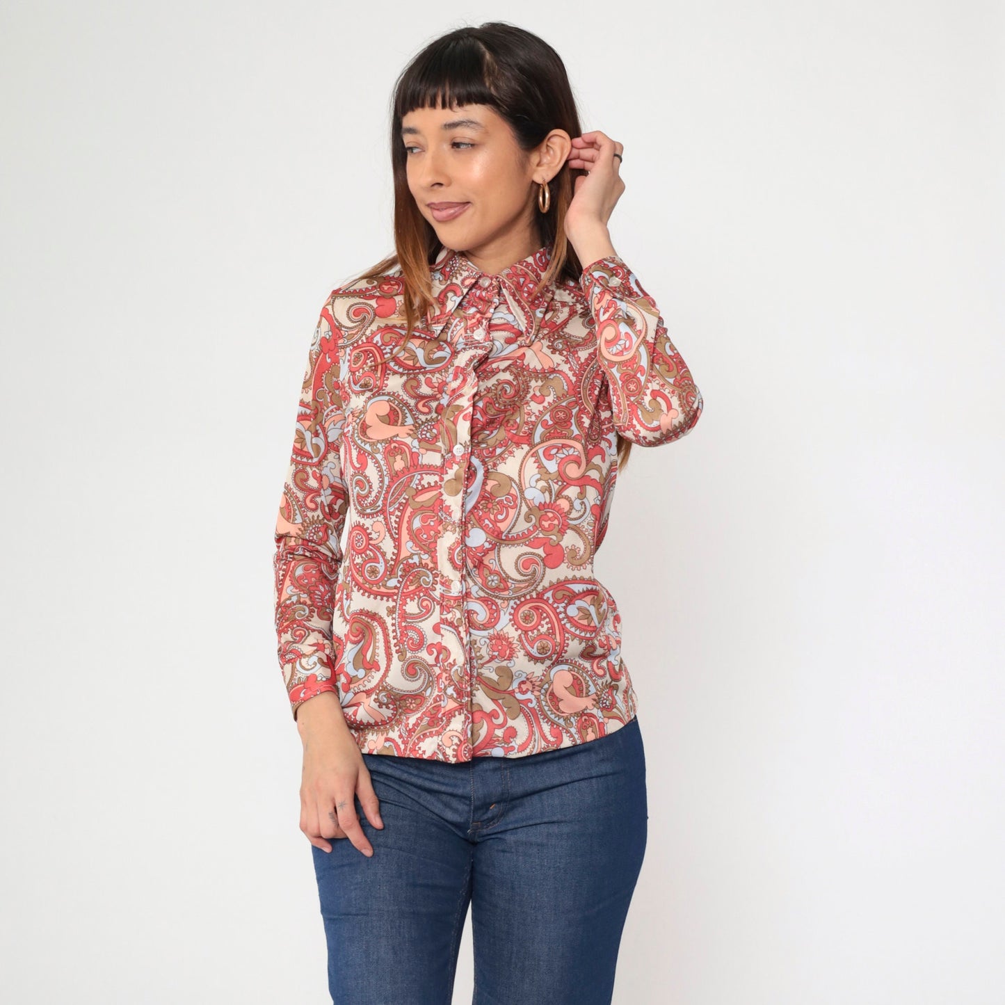 70s Paisley Dagger Collar Blouse Cream Coral Long Sleeve Button Up Small