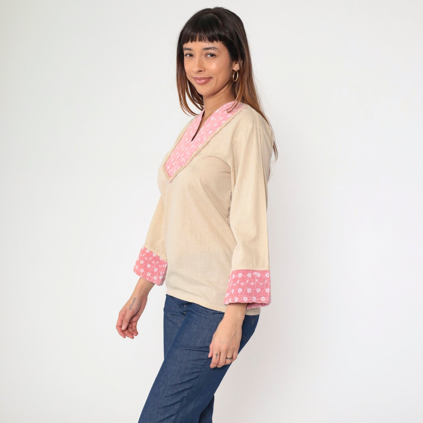 70s Kennington Embroidered Tunic Top Beige Corduroy Floral V-Neck Small